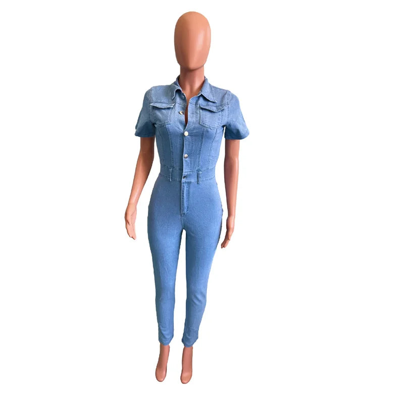 Fashion Commuter Tight Denim Jumpsuit Women Slim Fit Pencil Jeans Rompers Female Lapel Single-breasted Half-open One-piece Pants