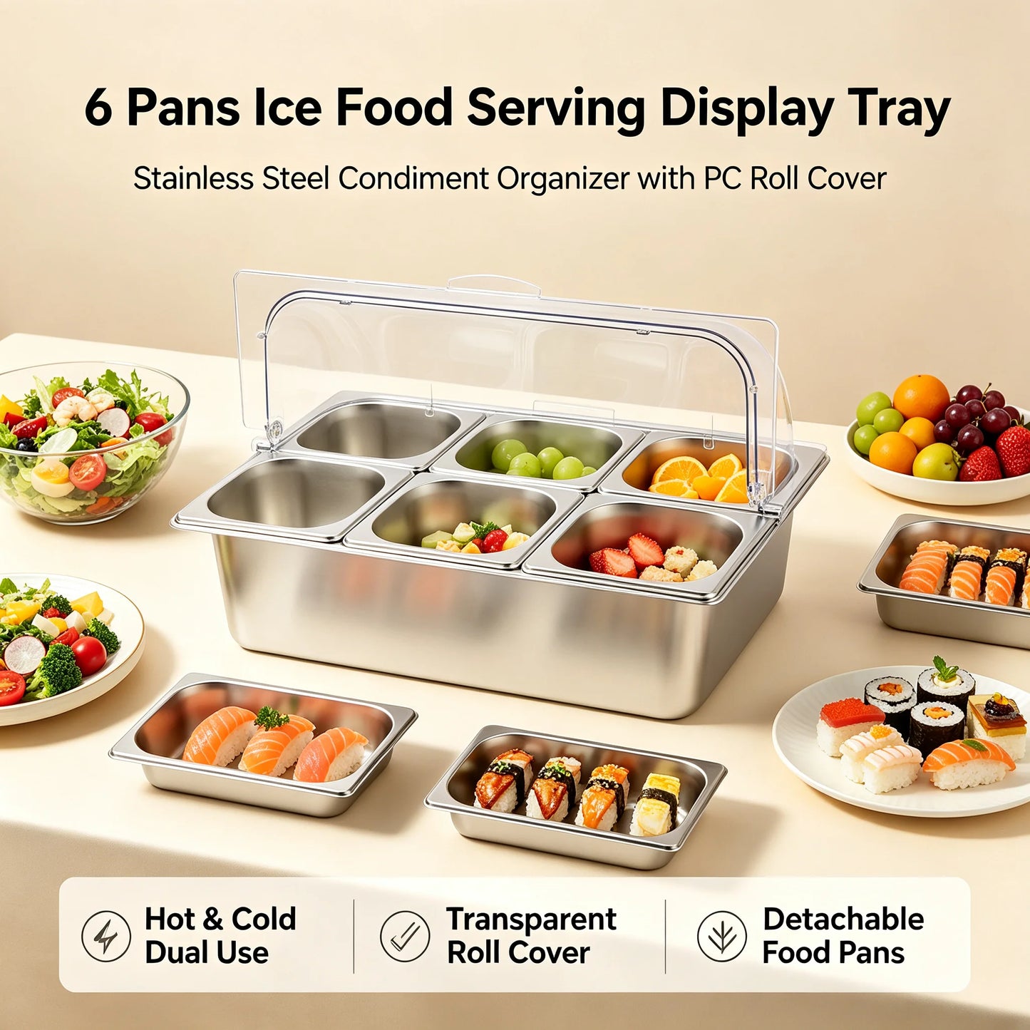Ice Food Serving Display Tray with 6 Pans, Stainless Steel Condiment Organizer with PC Roll Cover, Cold/Hot Dual Use Buffet Serving Station for Parties Restaurants Catering