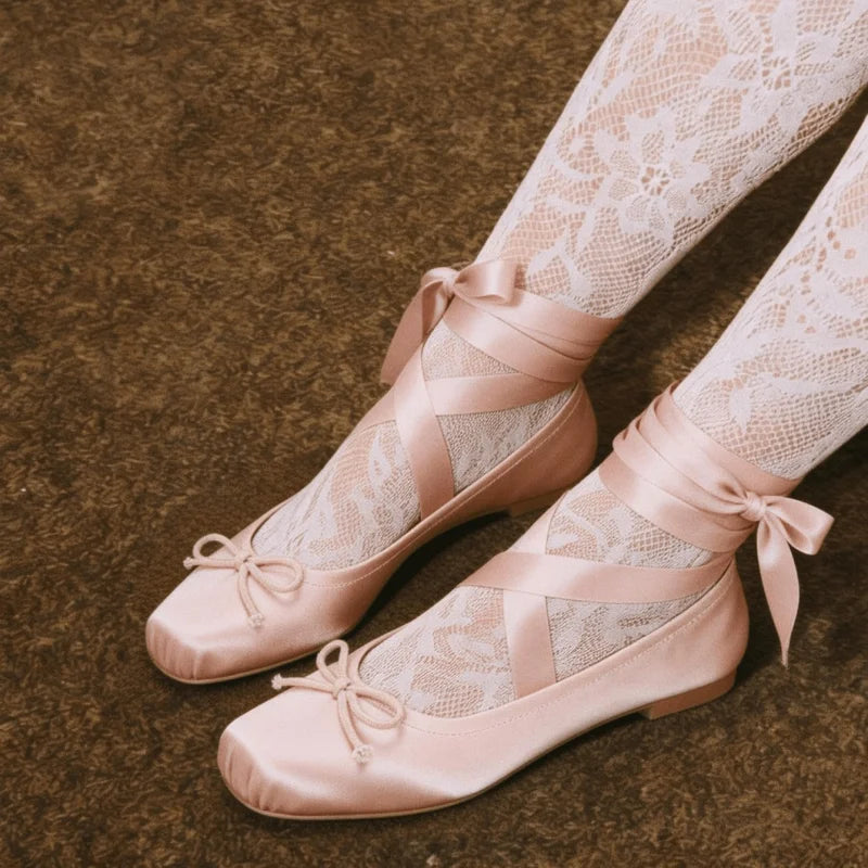 Women Satin Square Toe Ballet Flats With Ankle Ribbon Bow