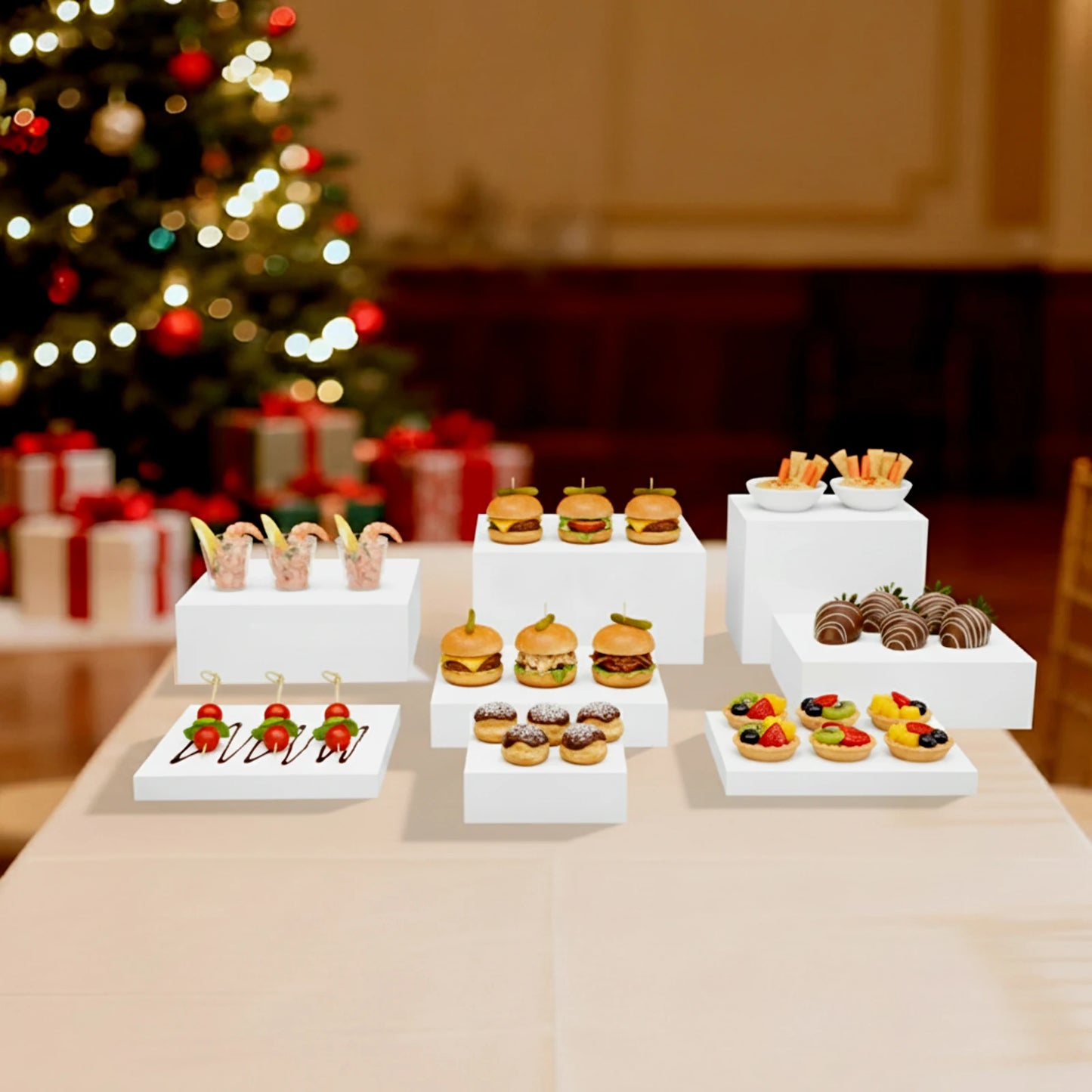 White Large Buffet Risers Set, 7  Pieces Acrylic Display Stand, Catering Dessert Table Riser