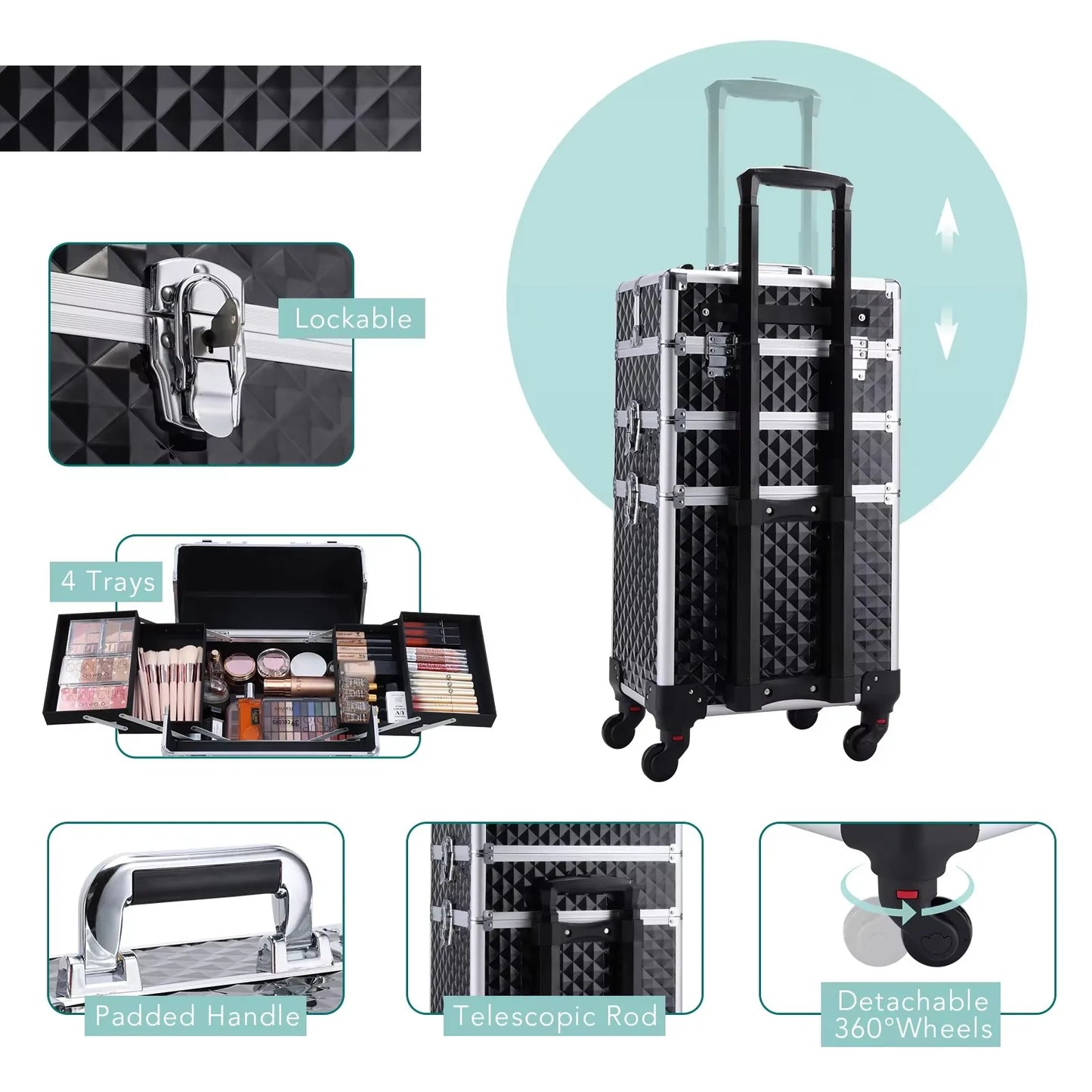 Maxulene Rolling Makeup Case On Wheels 3 In 1 Removable