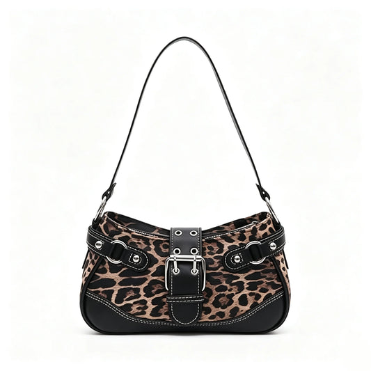 Y2K Leopard Print Underarm Shoulder Bag For Women Retro Buckle Splicing PU Leather Baguette Handbag Trendy Ladies Street Hobo Purse Daily Party