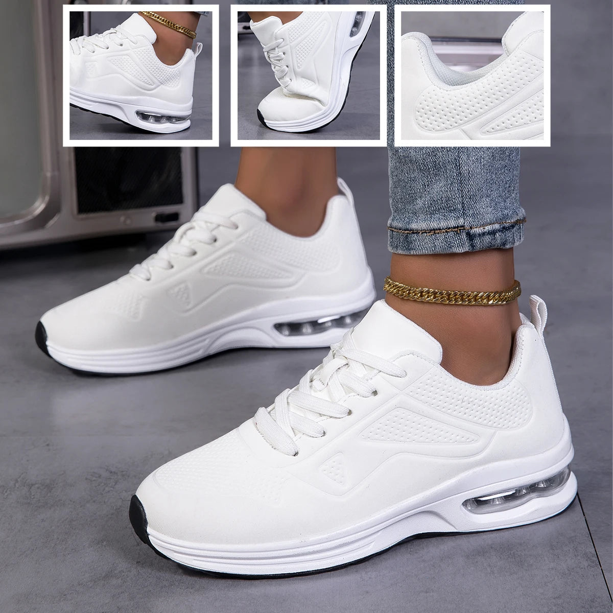 Women Air Cushion Walking Sneakers Breathable Upper Lace Up Lightweight