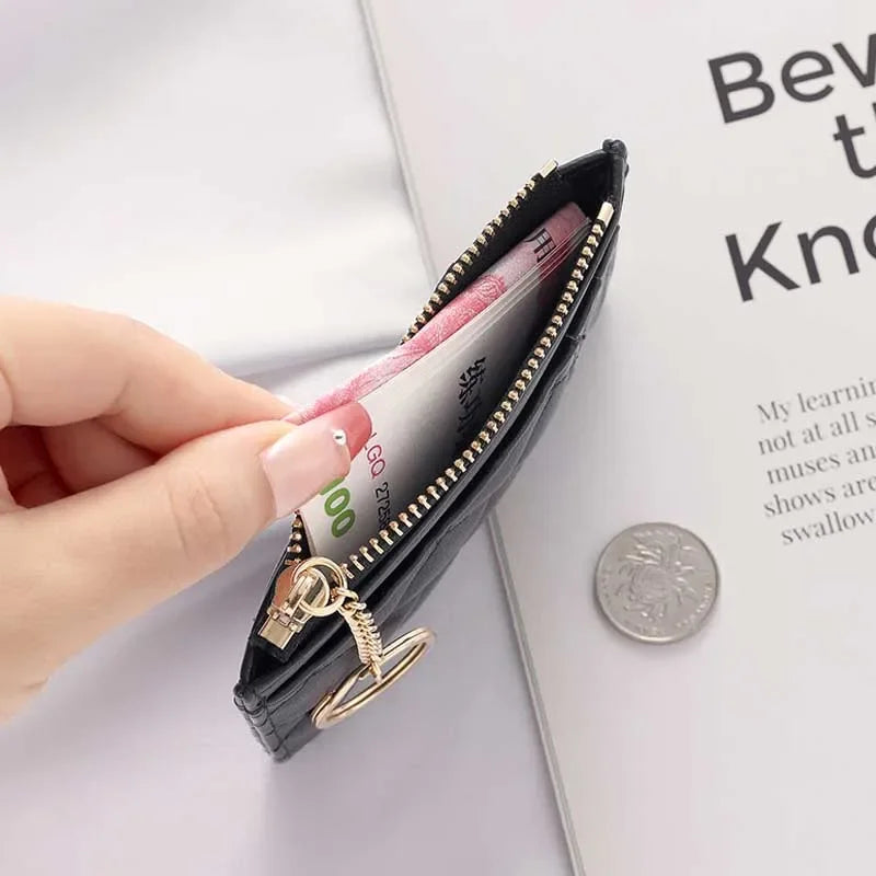 Quilted Minimalist Ring Mini Wallet With Card Slots And ID Holder Faux Leather