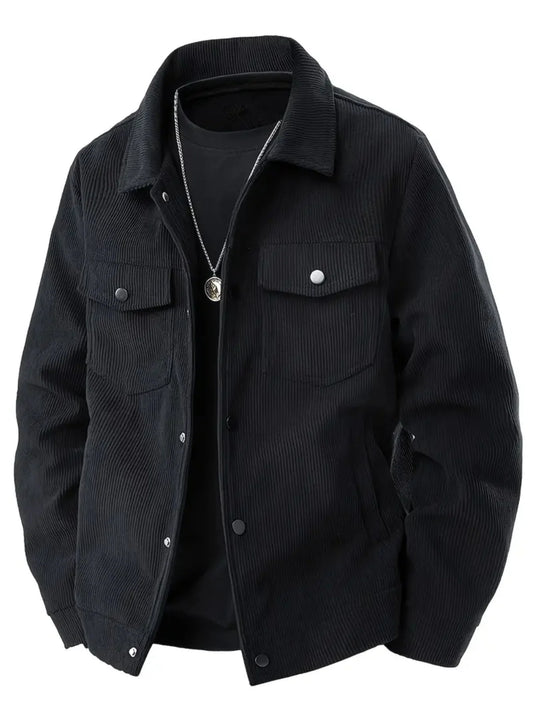 Mens Corduroy Trucker Jacket Turn Down Collar Double Chest Pockets Button Down Casual Outerwear Set