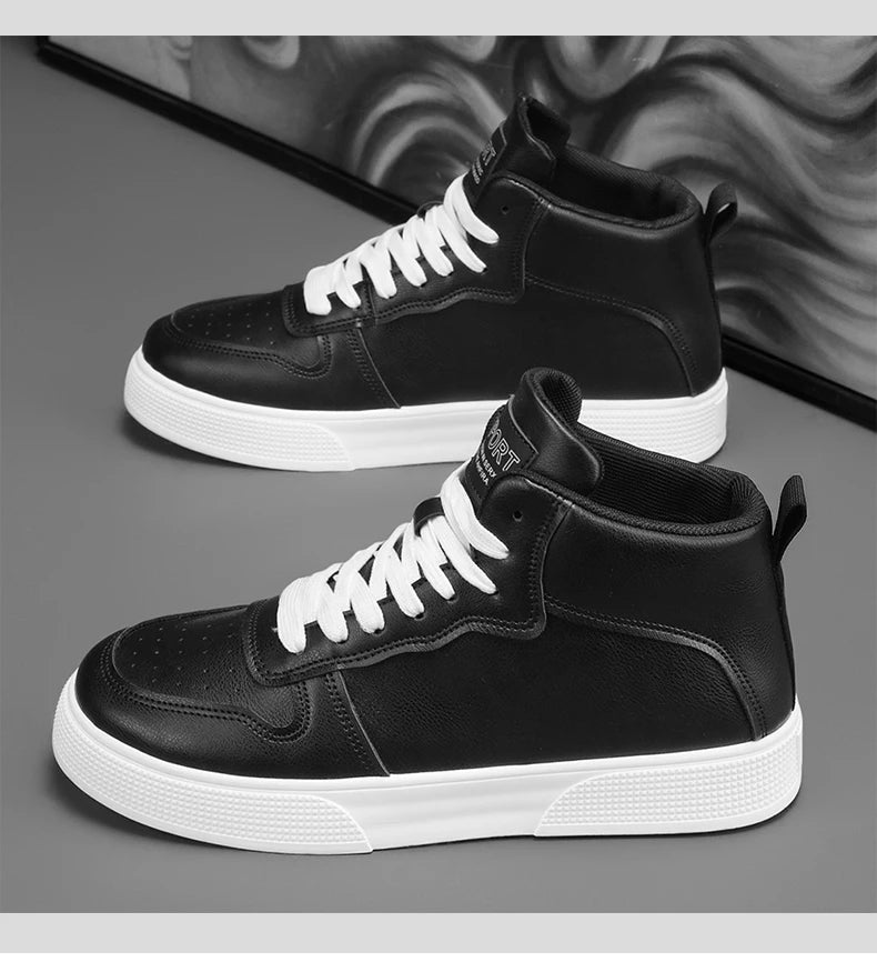 Men's Spring-Autumn New Style High-Top Canvas Shoes Trendy Height-Adding Lace-Up Multi-Functional White Sneakers Flat Shoes Men'