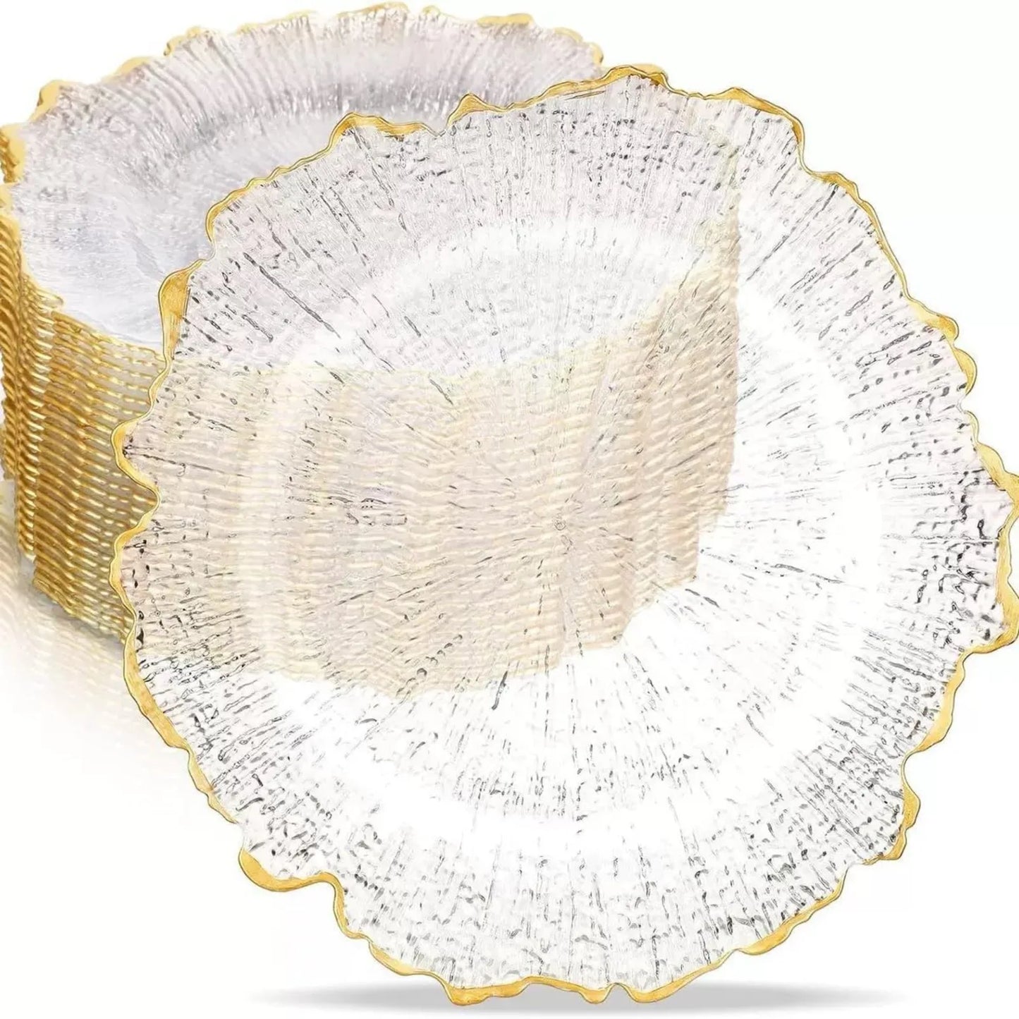 100pcs Transparent Plates for Home and Commercial Parties, 32 Cm, Plastic, W/ Gold-coloured Beaded Edge, for Wedding, Birthday, Bridal Party, Dinner, Table Decoration