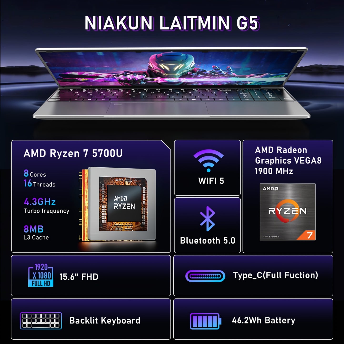 NIAKUN Gaming Laptop Ryzen 7 5700U 16GB RAM 1TB SSD