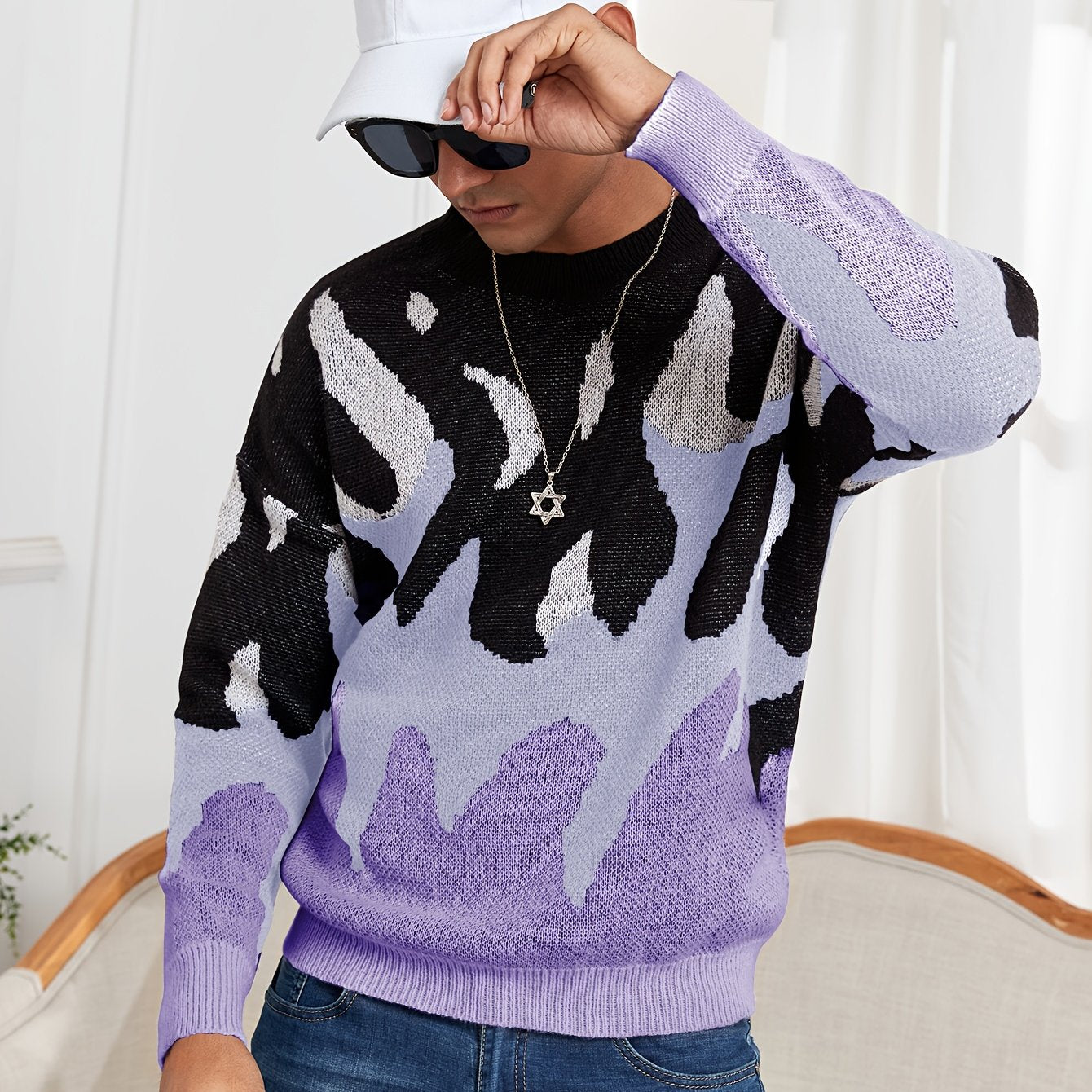 Oversized Crewneck Sweater Flame Graphic Knit For Men Women