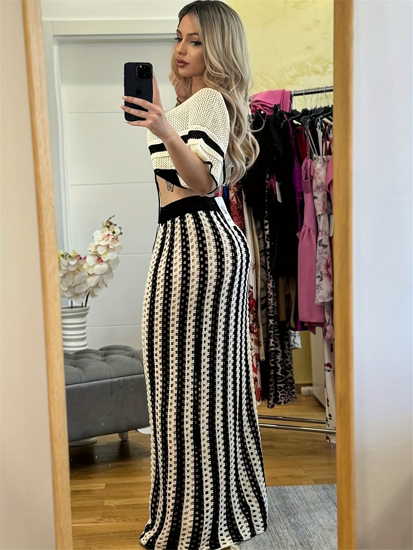 Womens Crochet Skirt Suit V Neck Top With Long Skirt