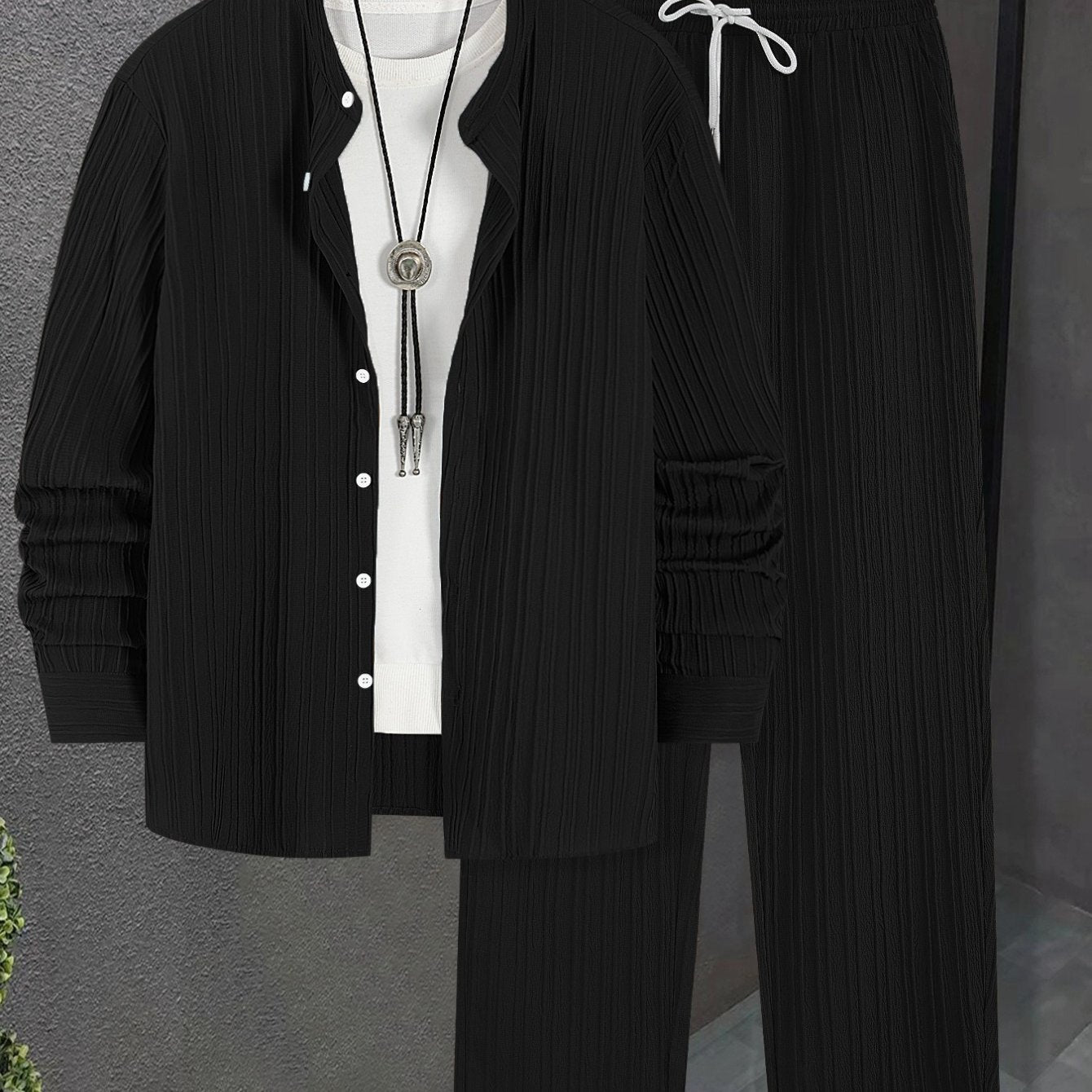 Men Autumn Winter Slim Fit Suit With Striped Lapel Shirt
