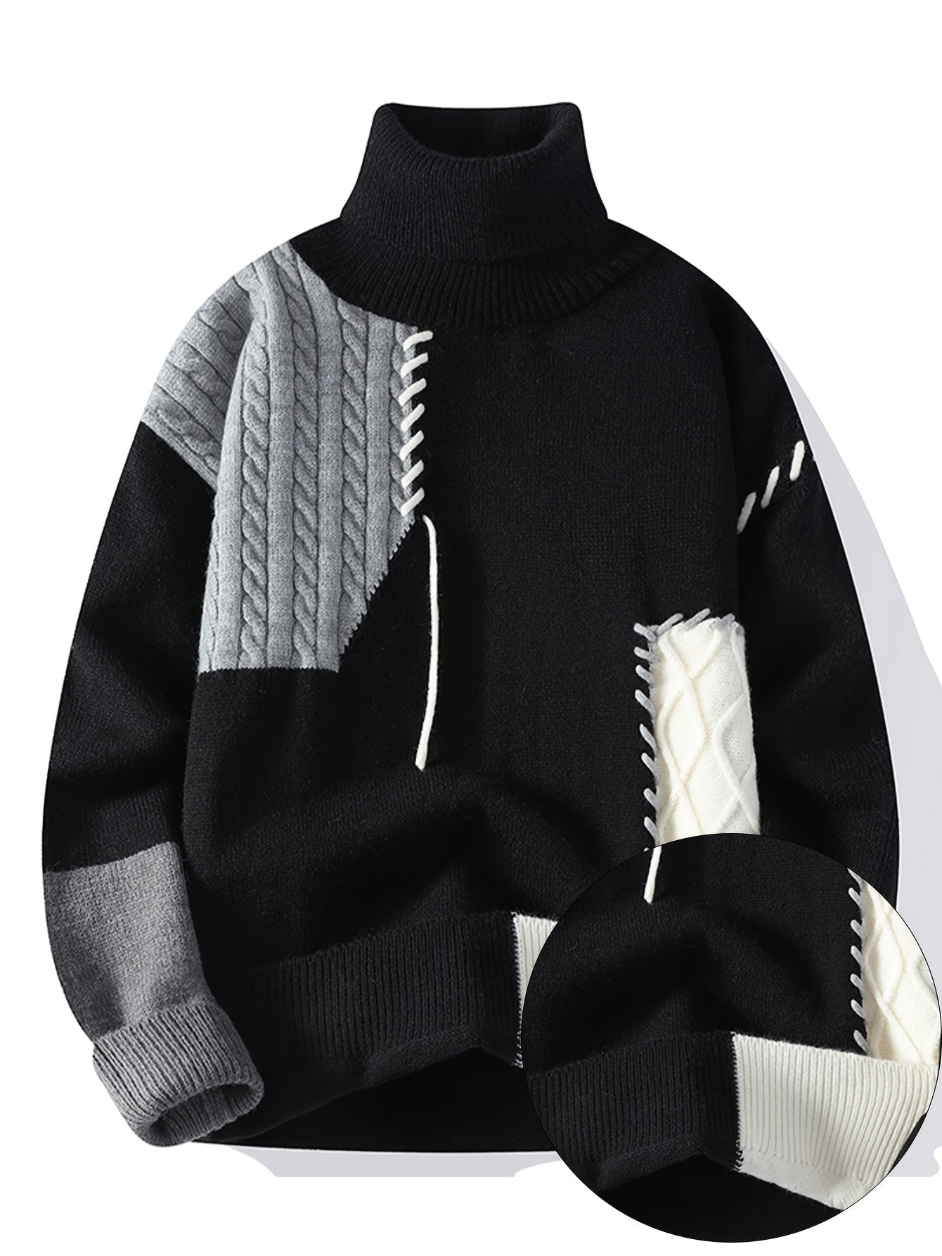 SENMEIGUO Mens Slim Fit Geometric Knit Pullover High Neck