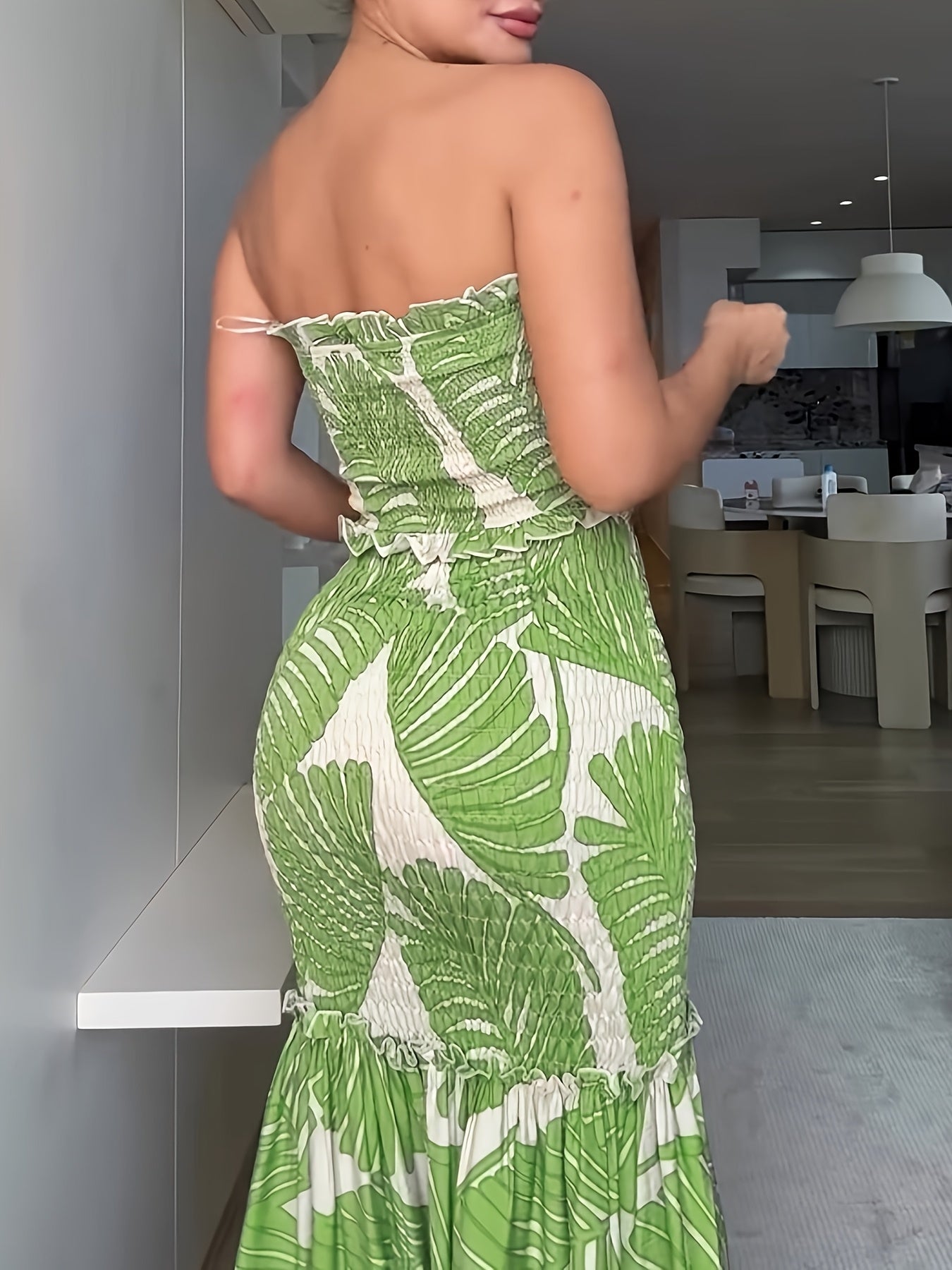Tropical Print Bandeau Dress With Ruched Shirred Frill Hem