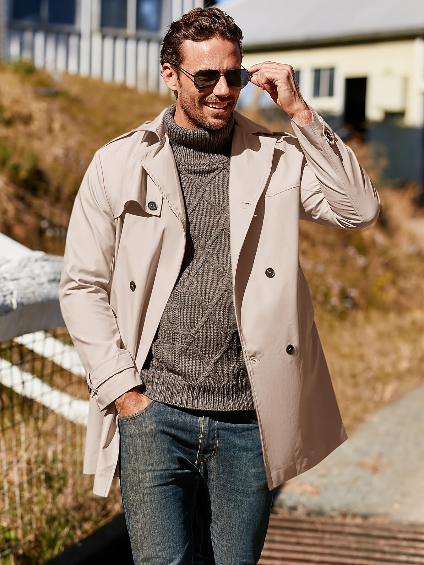 Mens Slim Fit Double Breasted Trench Coat Belted Waist