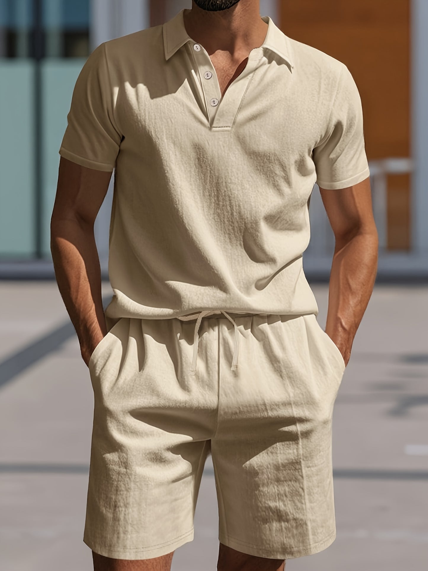 Casual Linen Mens Two Piece Set Polo Shirt And Shorts