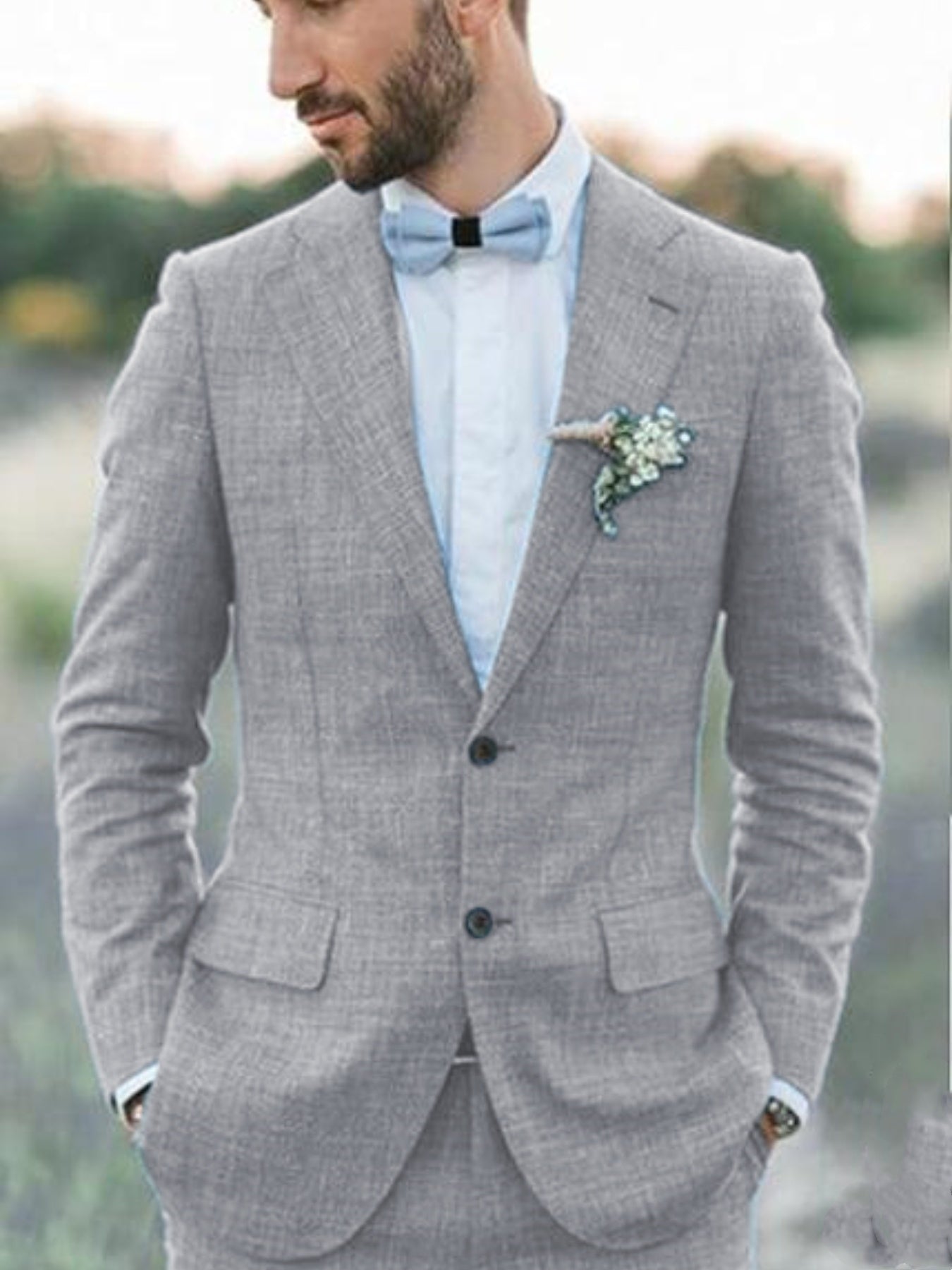 Mens Cotton Linen Two Piece Suit Summer Wedding Formal