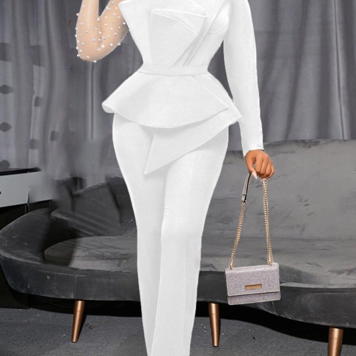 Elegant One Shoulder Jumpsuit Pearl Embellished Eveningwear