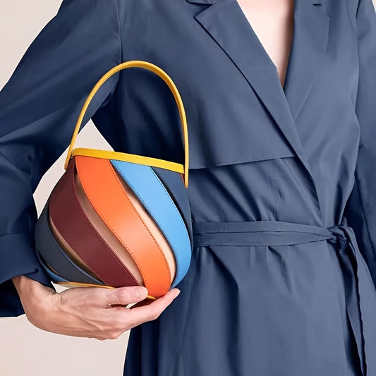 Genuine Leather Rainbow Color-Block Bucket Bag by Unknown Brand