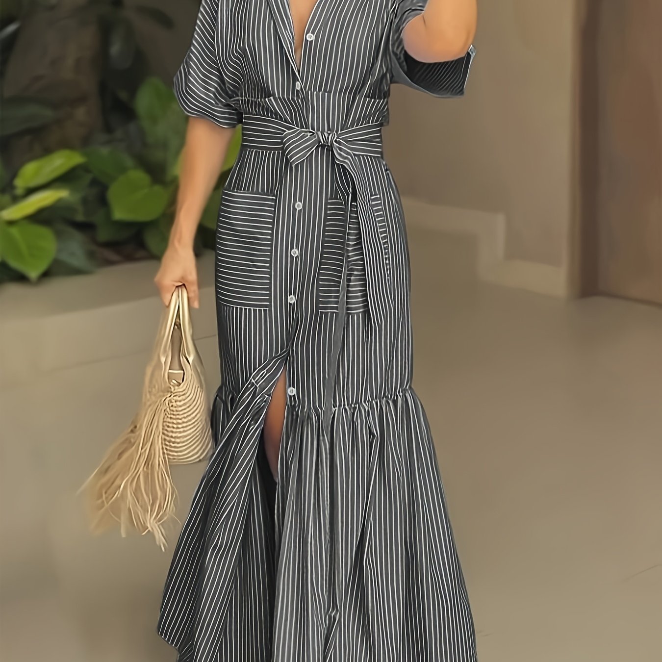 Digital Printed Striped Shirt Dress Long Length Regular Fit