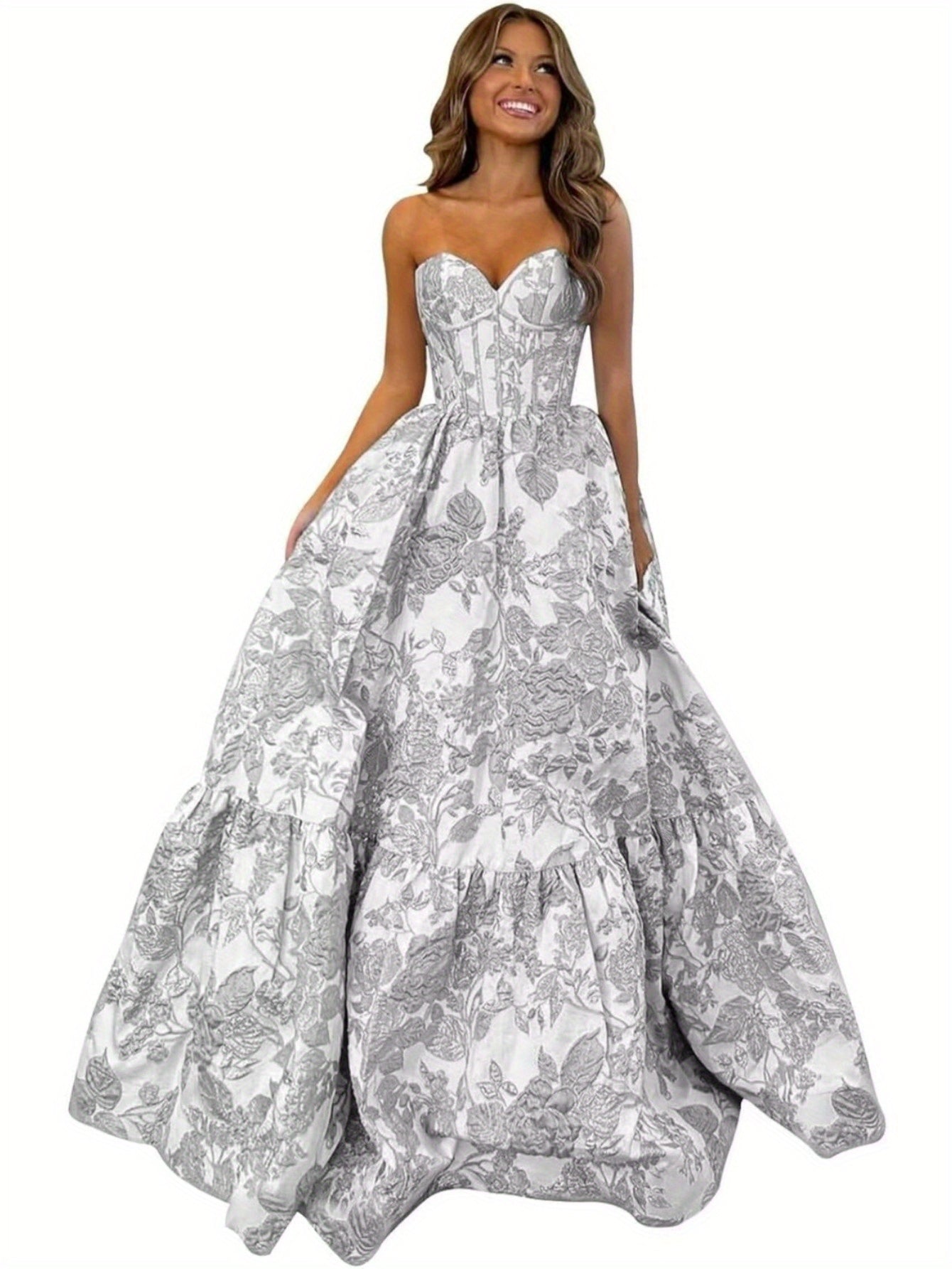 Floral Jacquard Satin Prom Dress Strapless Corset Back