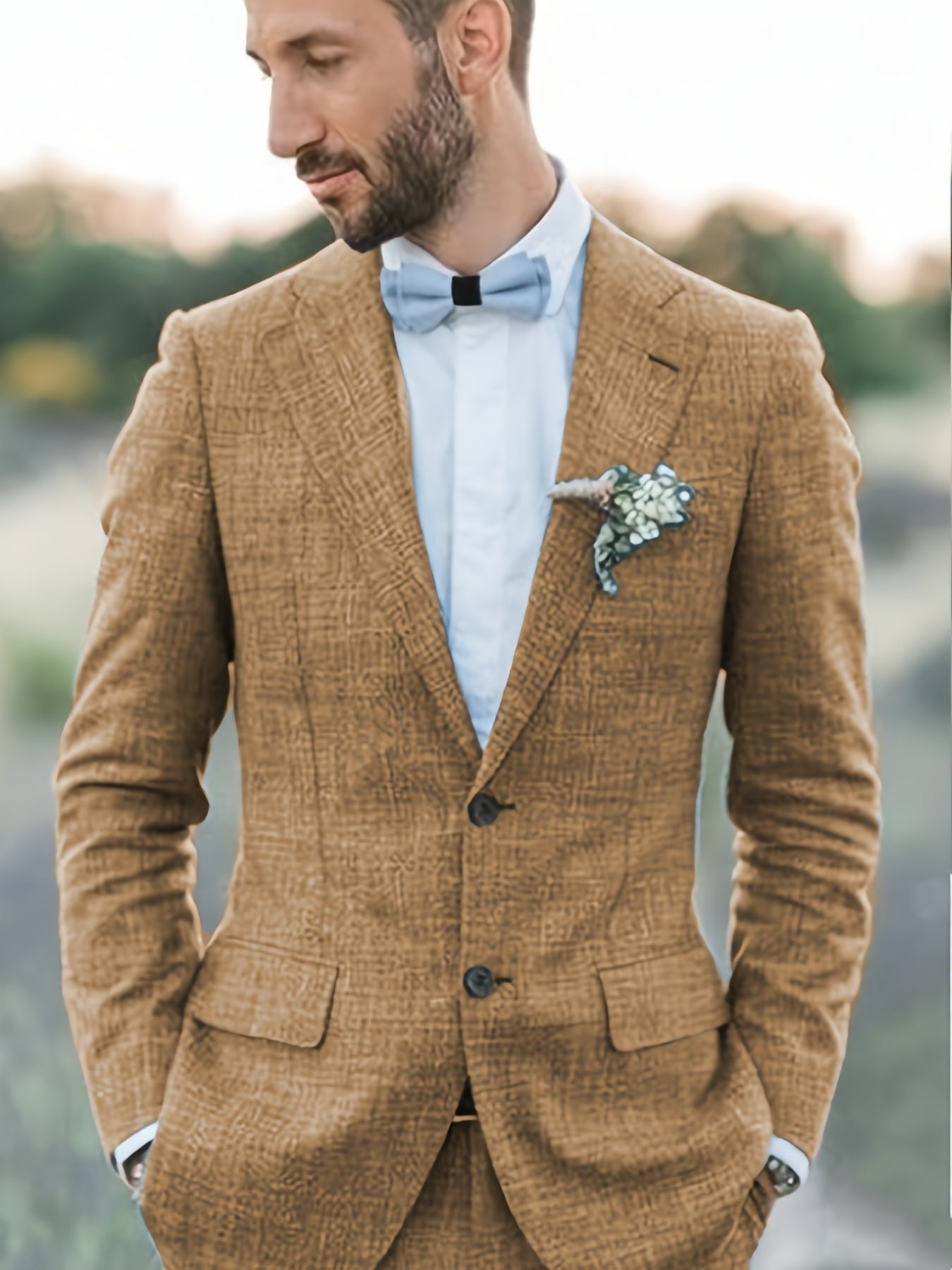 Mens Cotton Linen Two Piece Suit Summer Wedding Formal