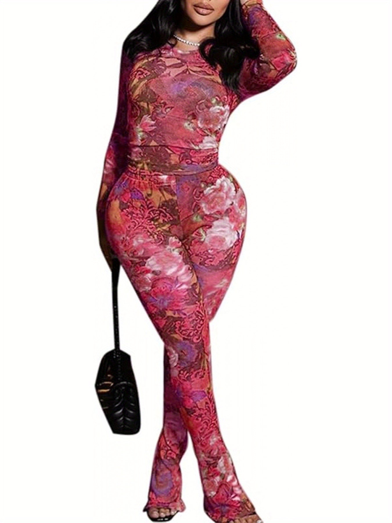 Floral Sheer Mesh Two Piece Set Women Retro Style Leisure