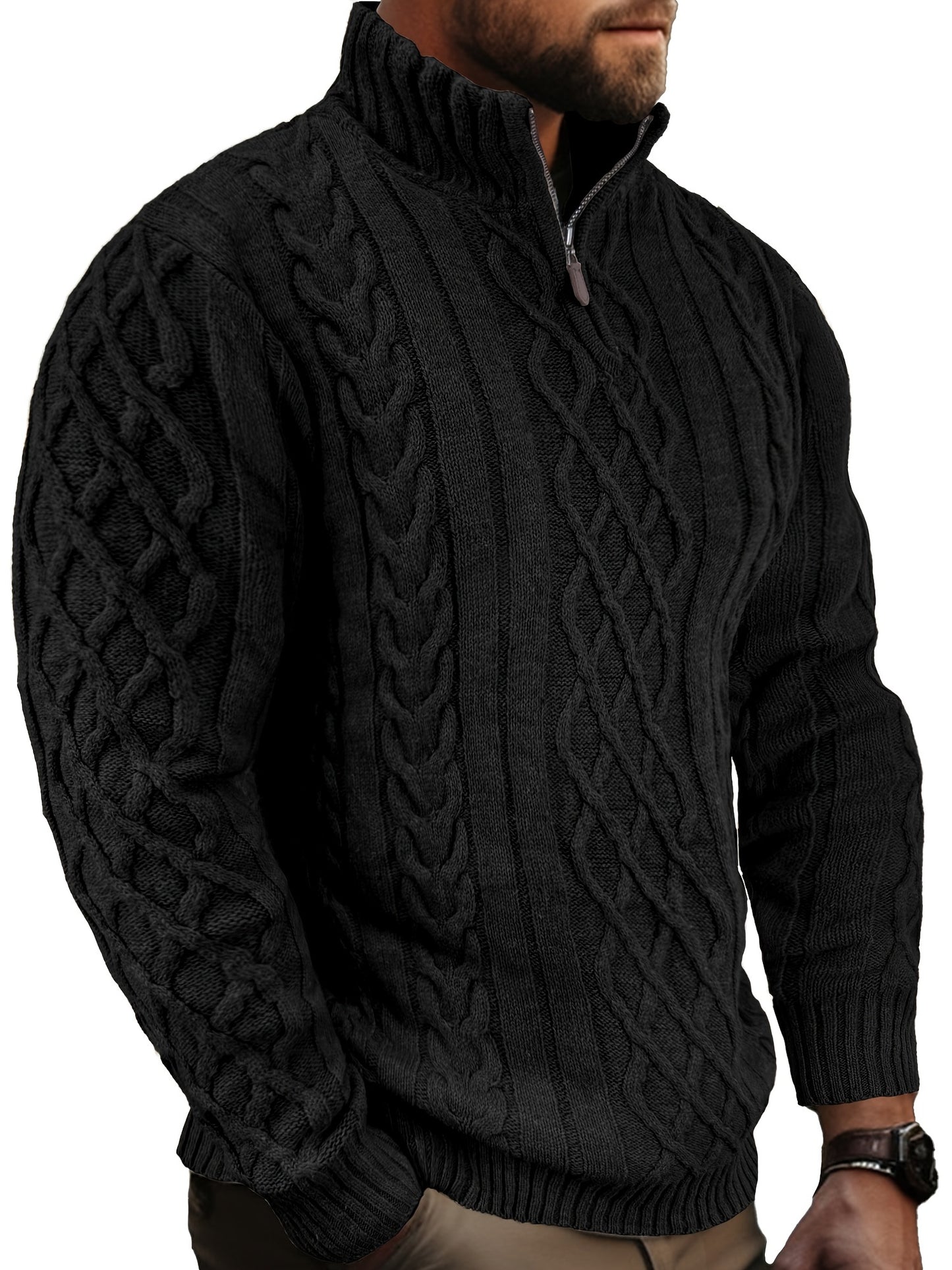 COMDECEVIS Mens Quarter Zip Cable Knit Mock Neck Sweater