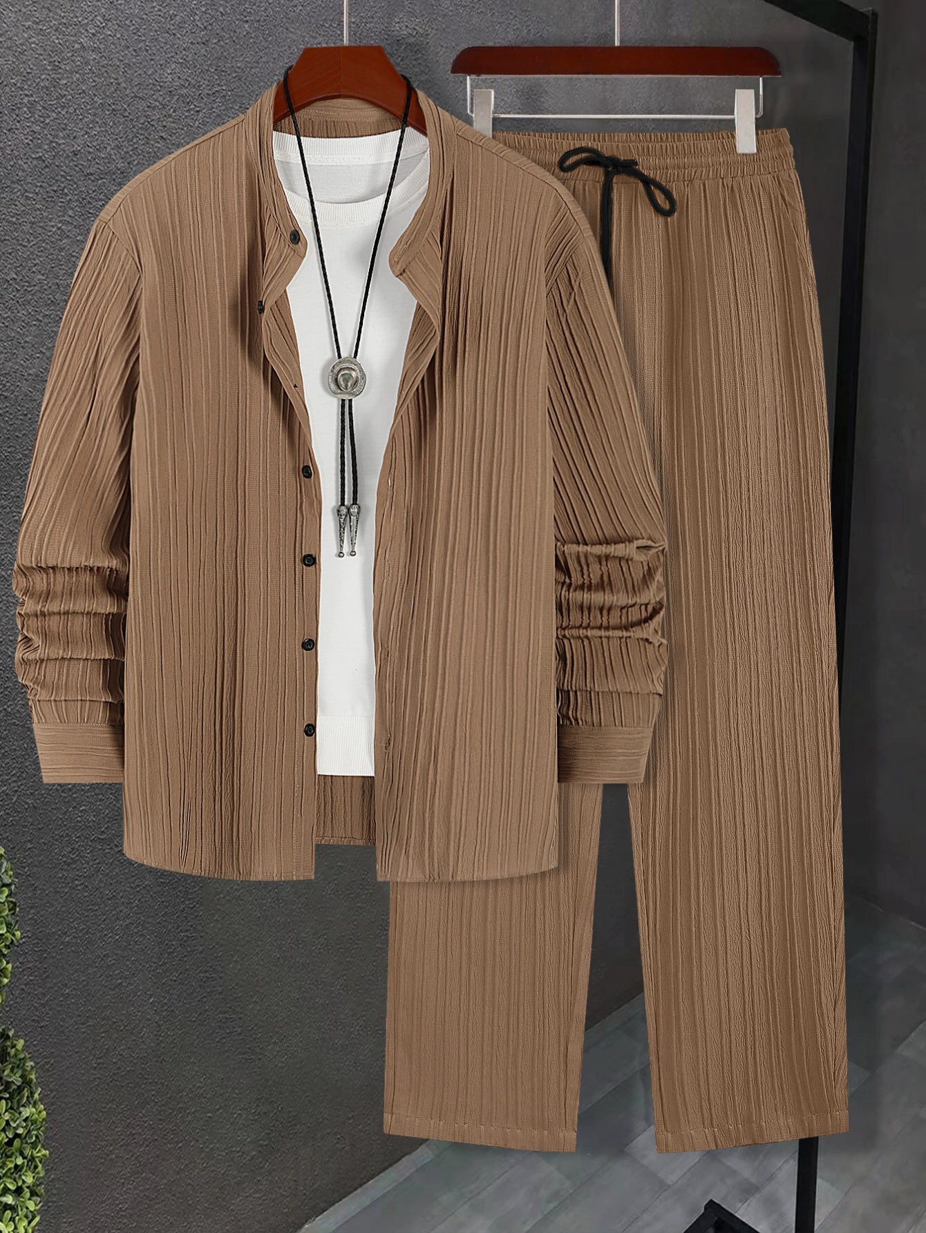 Men Autumn Winter Slim Fit Suit With Striped Lapel Shirt