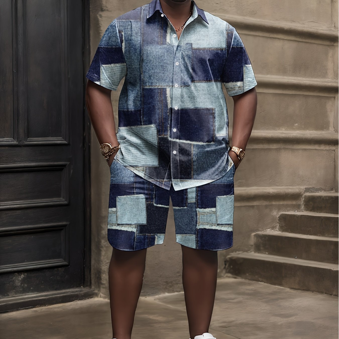 Casual Summer Shirt And Shorts Set For Men Faux Denim