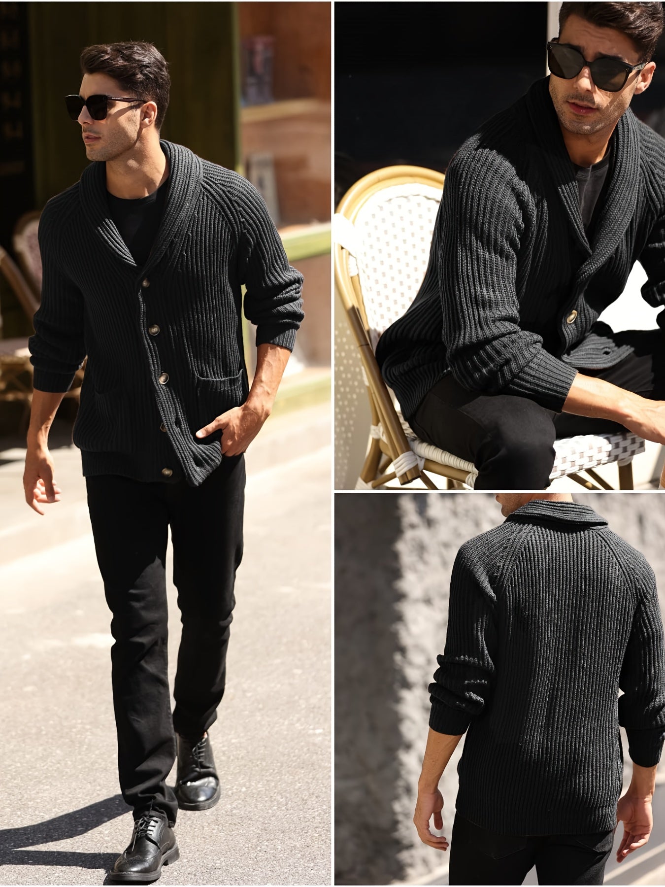 Men's Shawl Collar Cardigan Cable Knit Ribbed Outwear