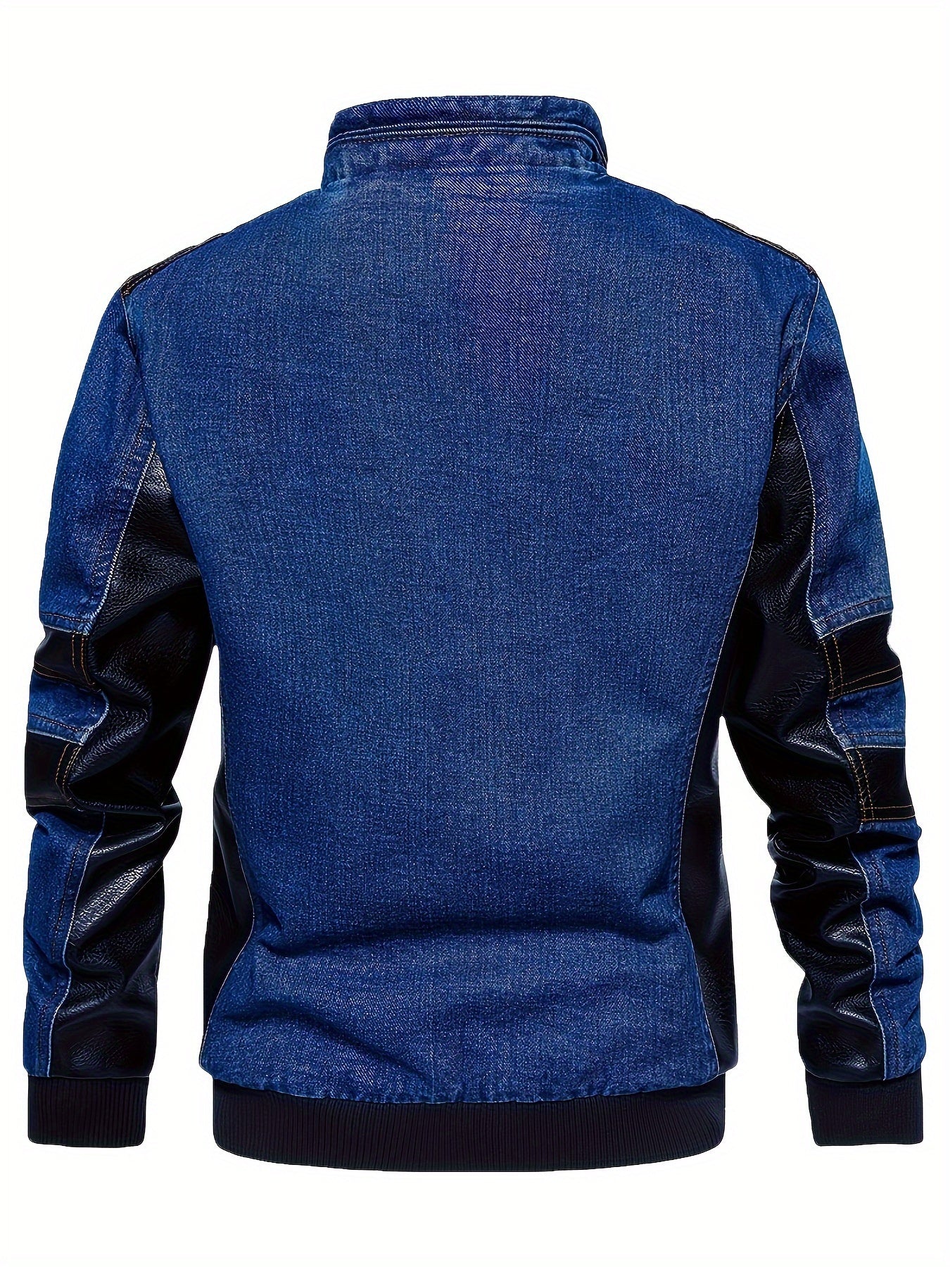 MSOPCCACollar Patchwork Denim Faux Leather Moto Jacket