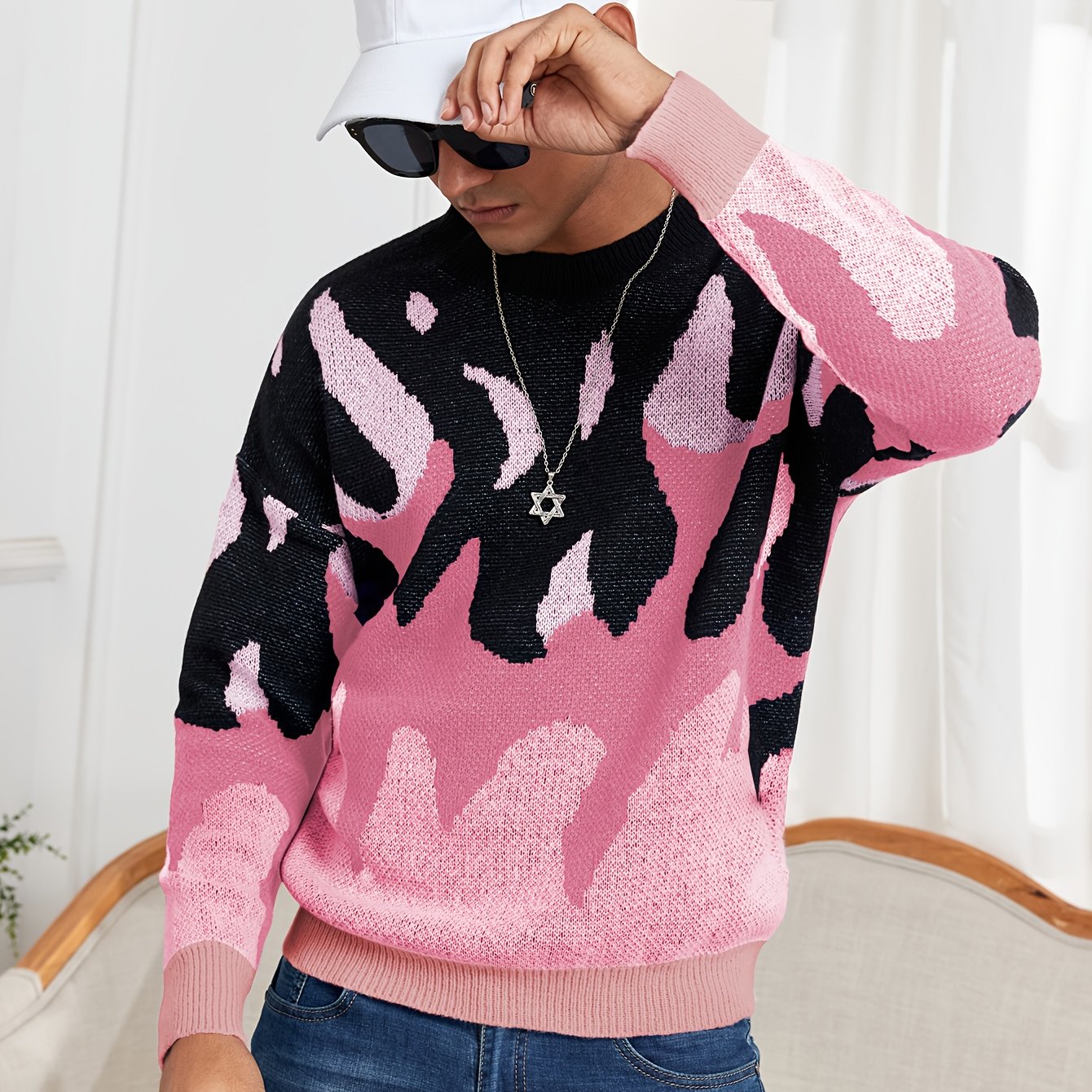 Oversized Crewneck Sweater Flame Graphic Knit For Men Women