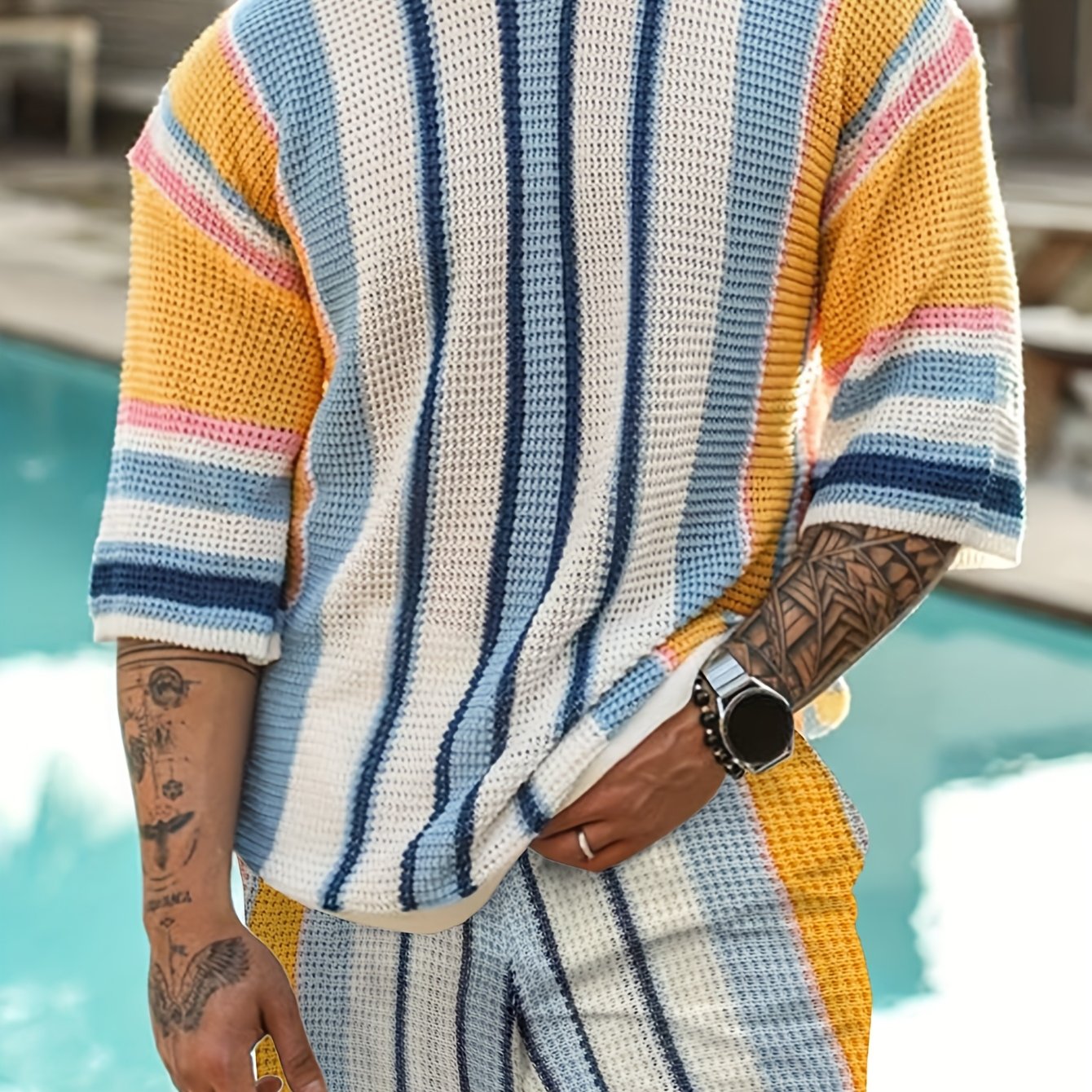 Mens Casual Knit Set Polyester V Neck Button Regular Fit