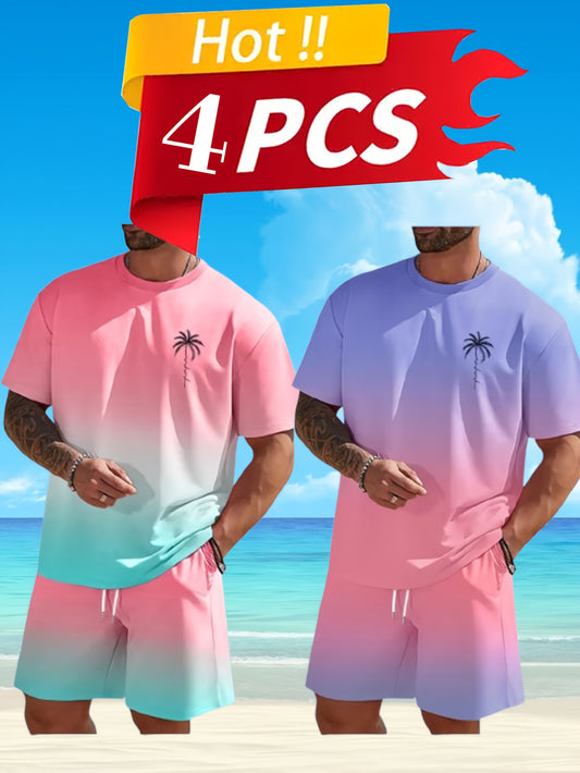 Men's Tropical Print Beachwear Quick Dry Trunks And Tees