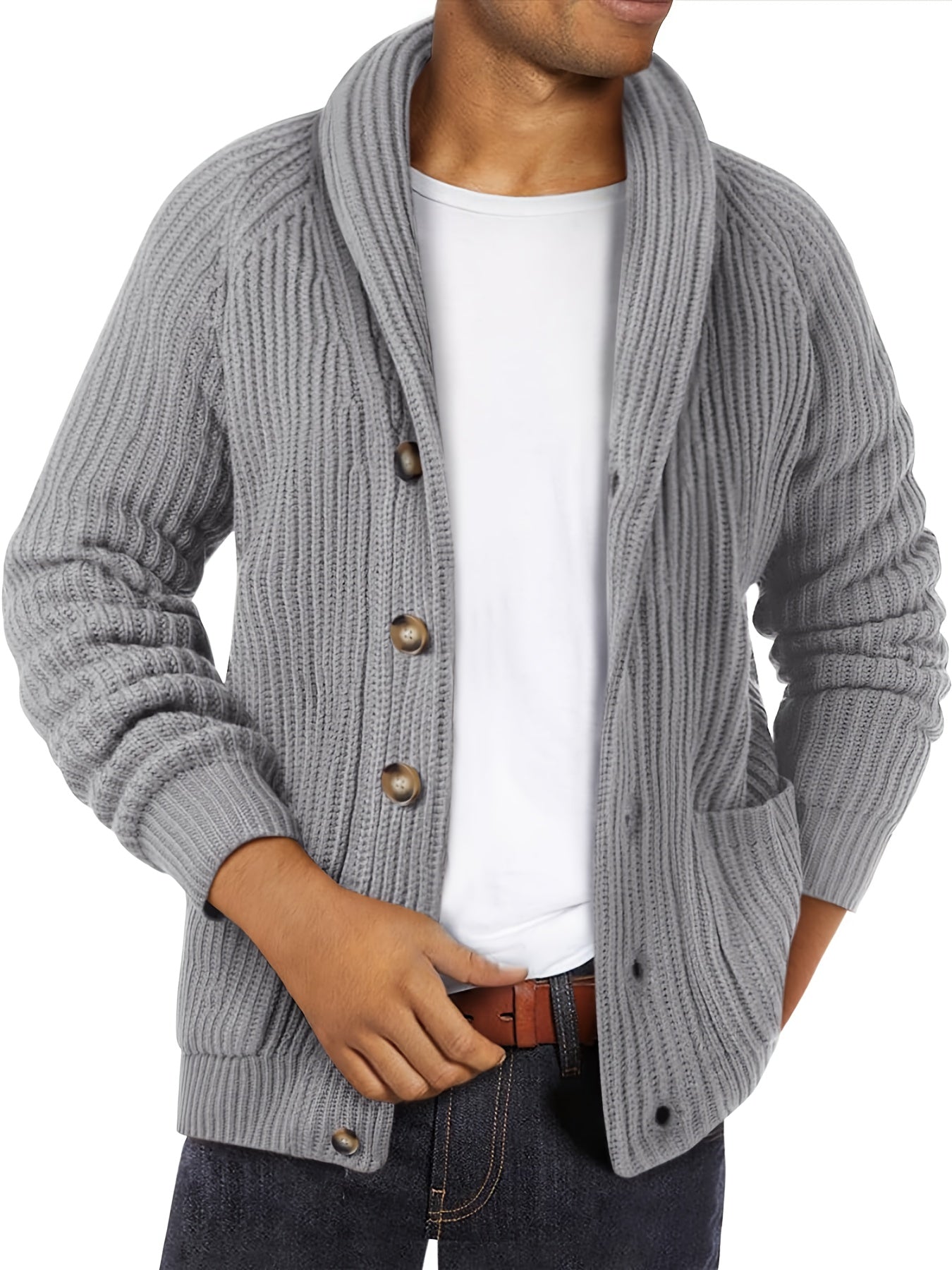 Men's Shawl Collar Cardigan Cable Knit Ribbed Outwear