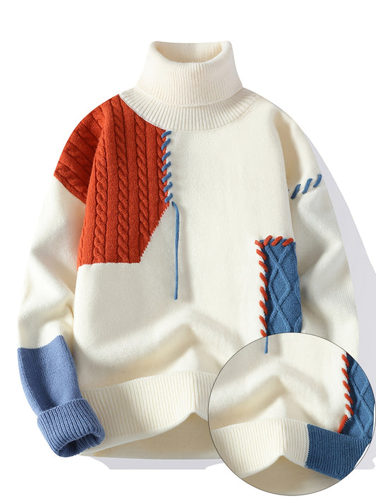 SENMEIGUO Mens Slim Fit Geometric Knit Pullover High Neck