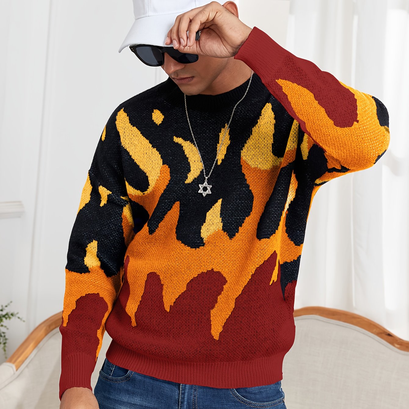 Oversized Crewneck Sweater Flame Graphic Knit For Men Women