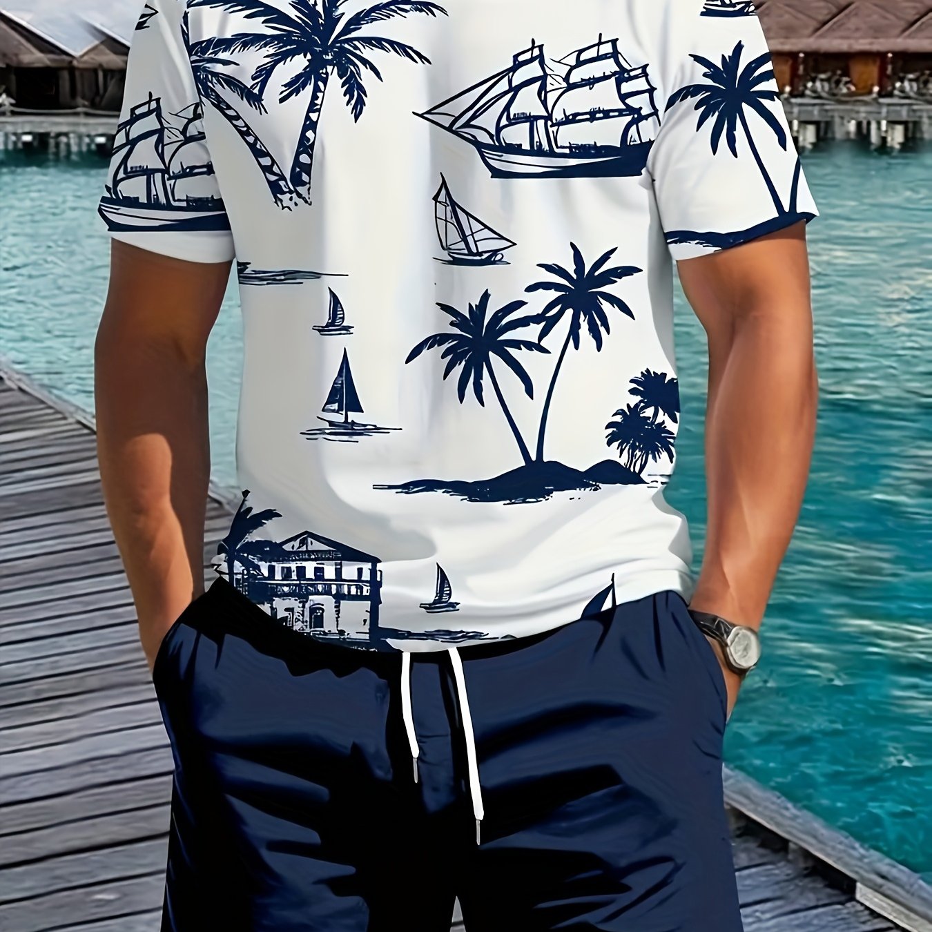 Mens Tropical Palm Nautical Print Tee And Shorts Set