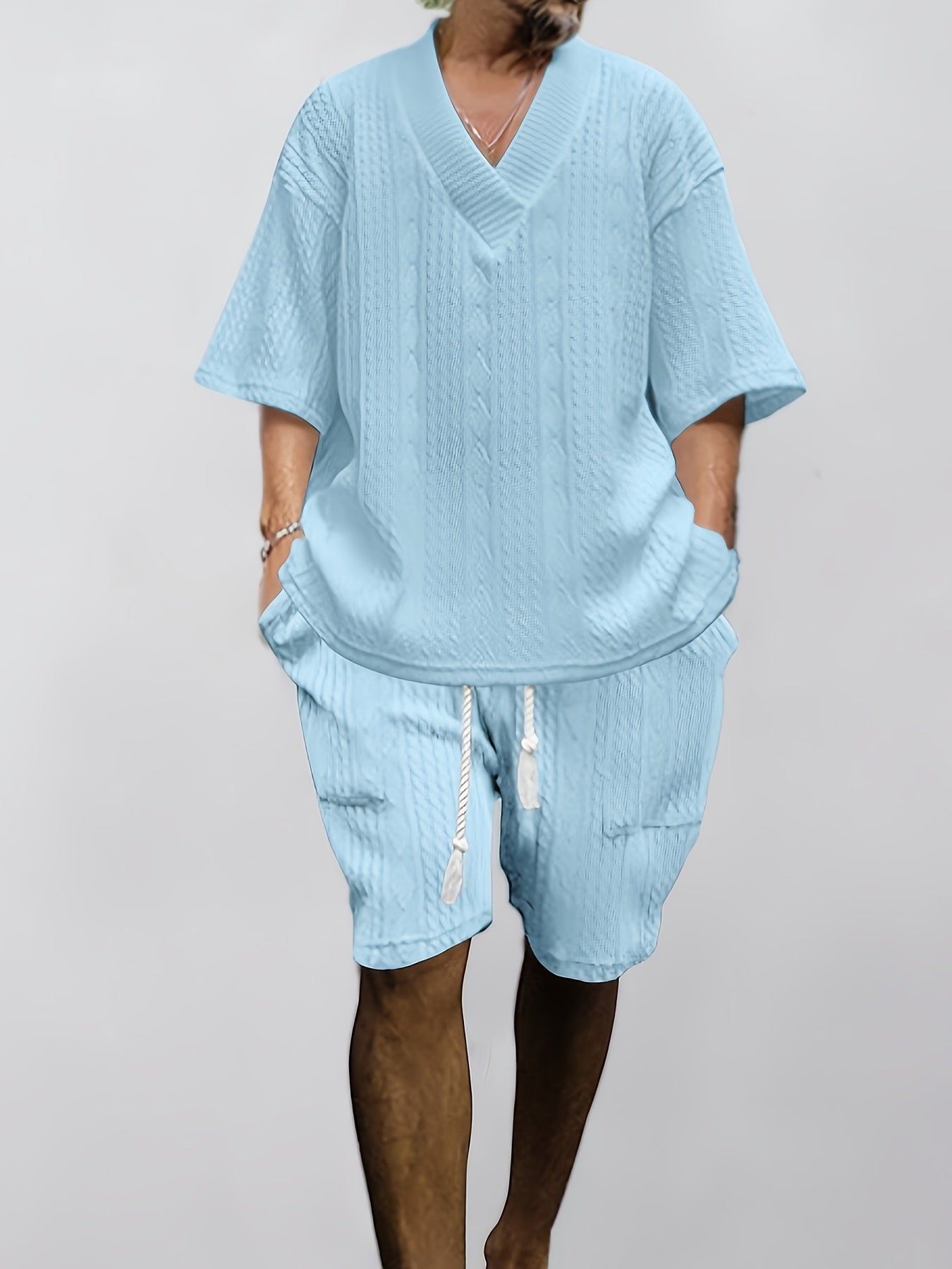 Mens Casual V Neck Knit Sweater And Shorts Set For Summer