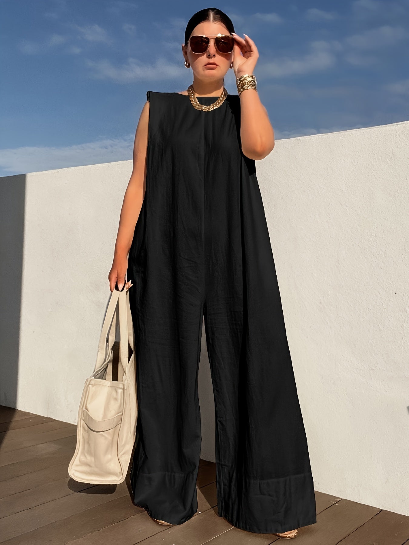 Casual Sleeveless Wide Leg Jumpsuit For Women Boat Neck
