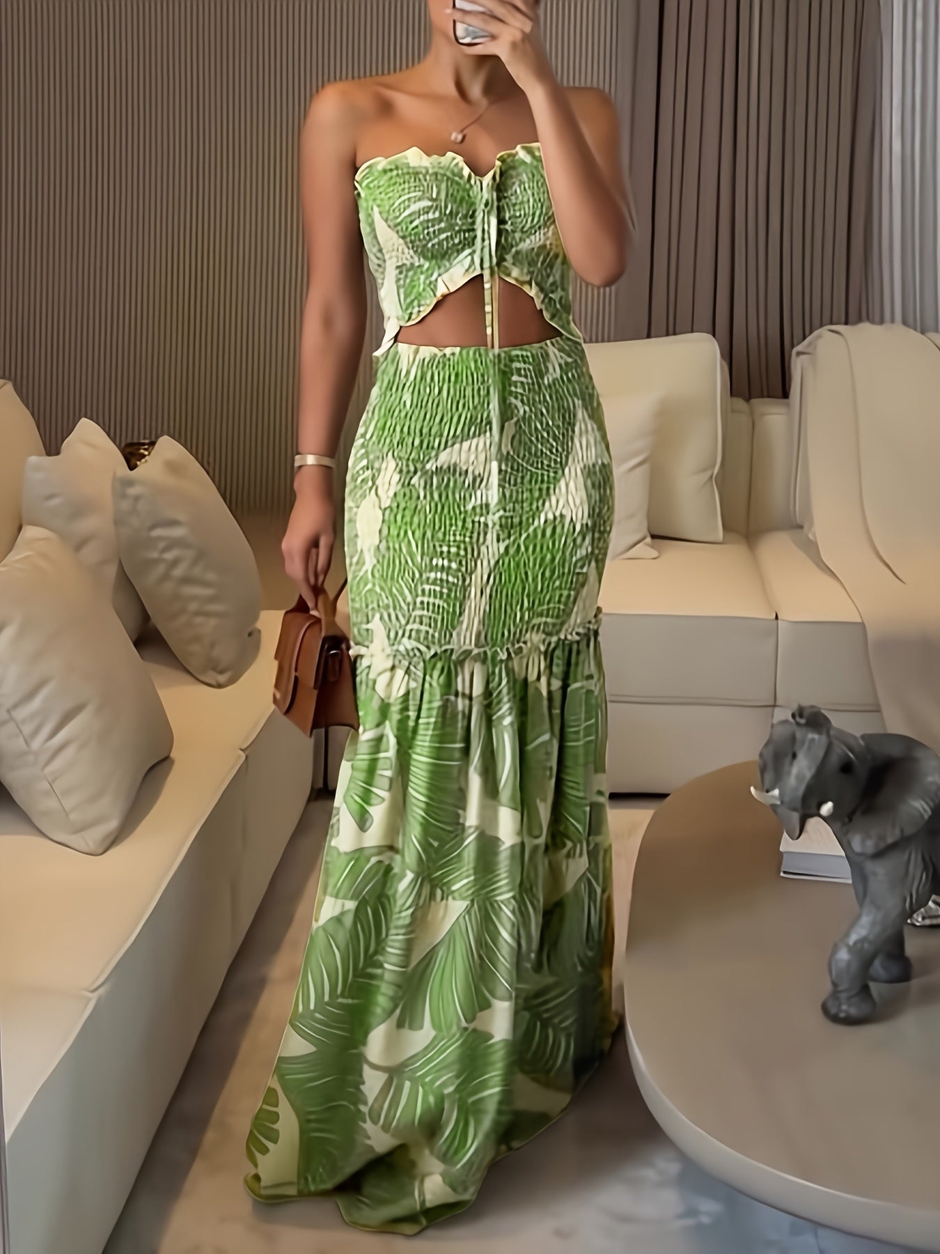 Tropical Print Bandeau Dress With Ruched Shirred Frill Hem