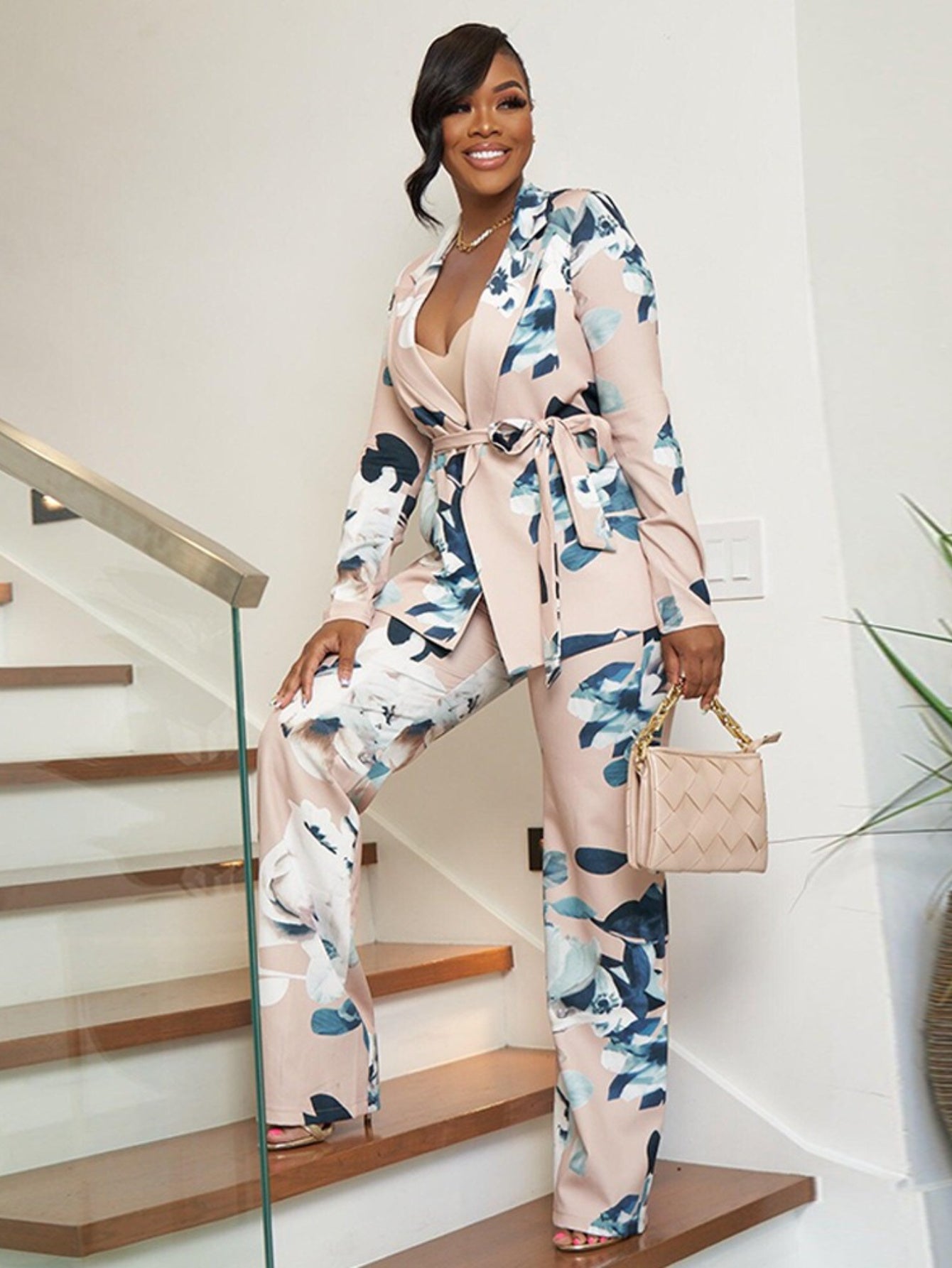 Denim Print Off Shoulder Top And Skirt Set Polyester