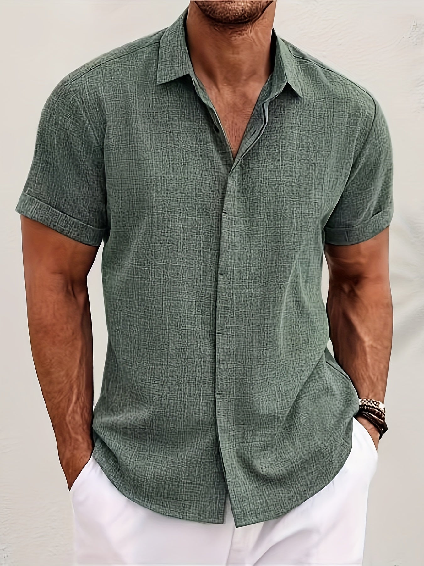 SCACTO Men's Lapel Short Sleeve Shirt Polyester Summer