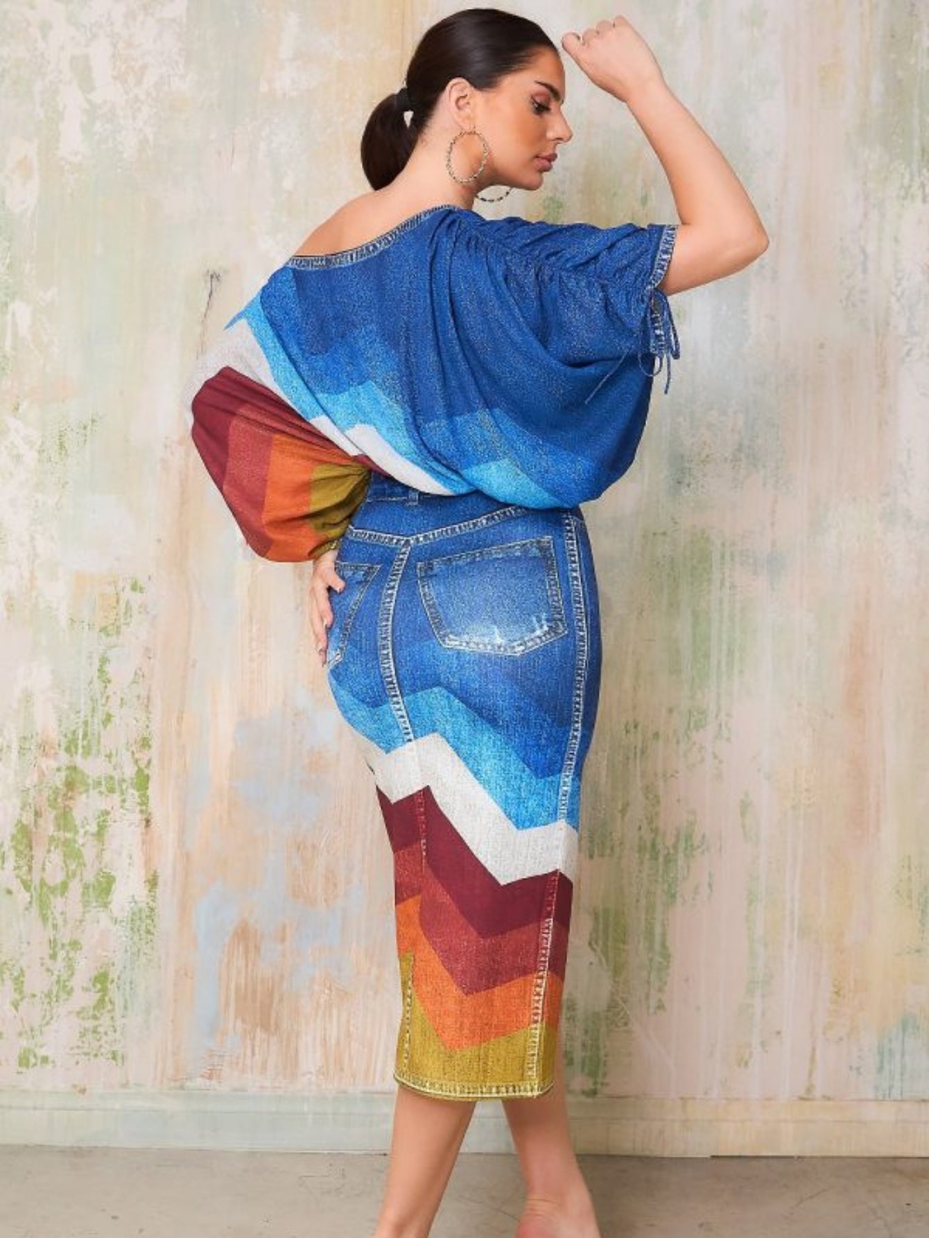 Denim Print Off Shoulder Top And Skirt Set Polyester