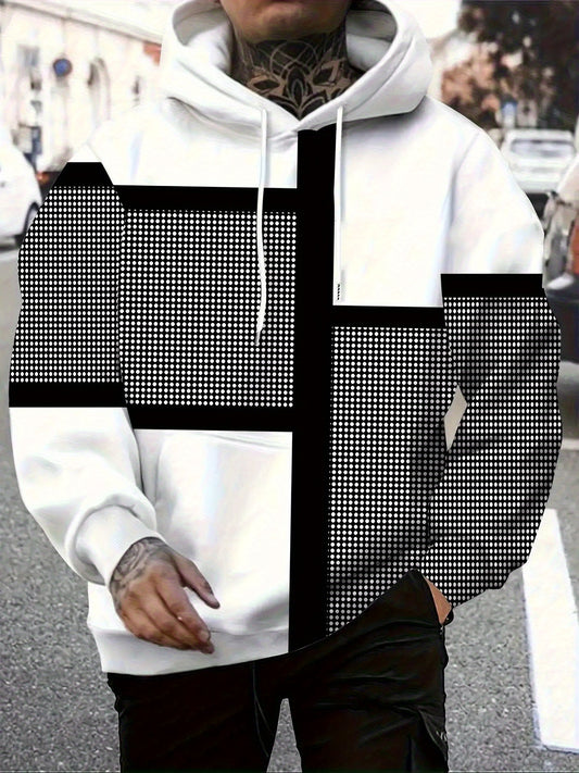 Mens Heavyweight Hoodie Geometric Pattern Sweatshirt