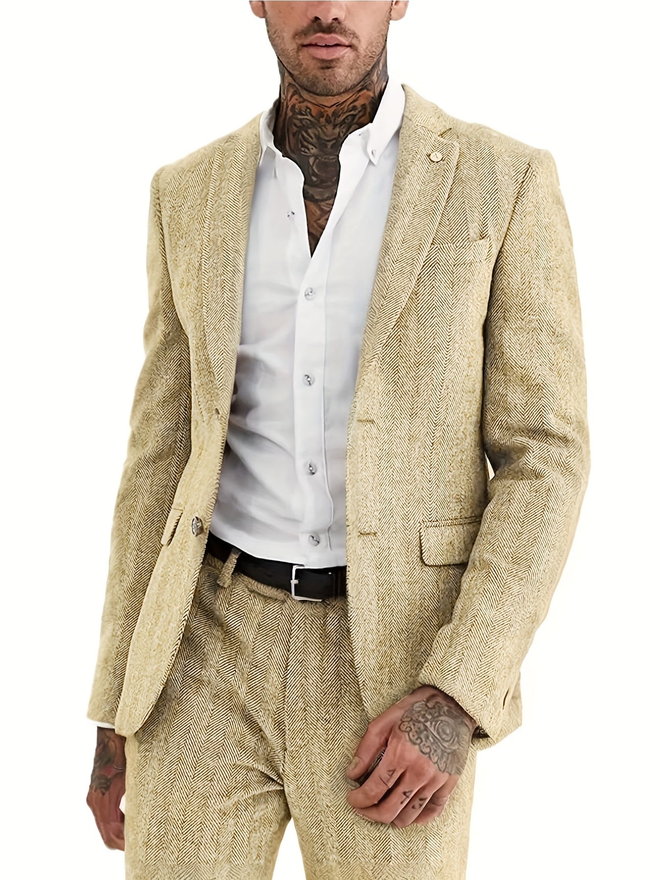 Men's Wool Blend Tweed Suit Herringbone Formal Wedding Event