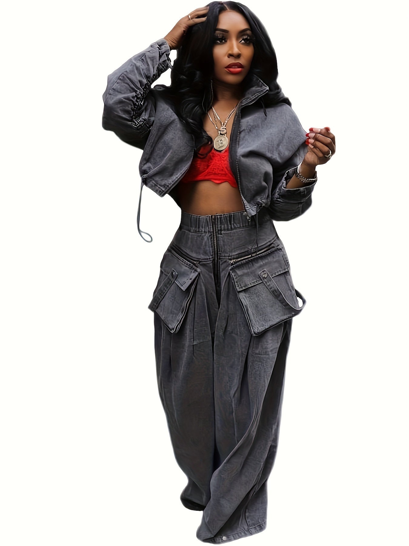 Women's Denim Set Jacket And Wide Leg Pants Polyester