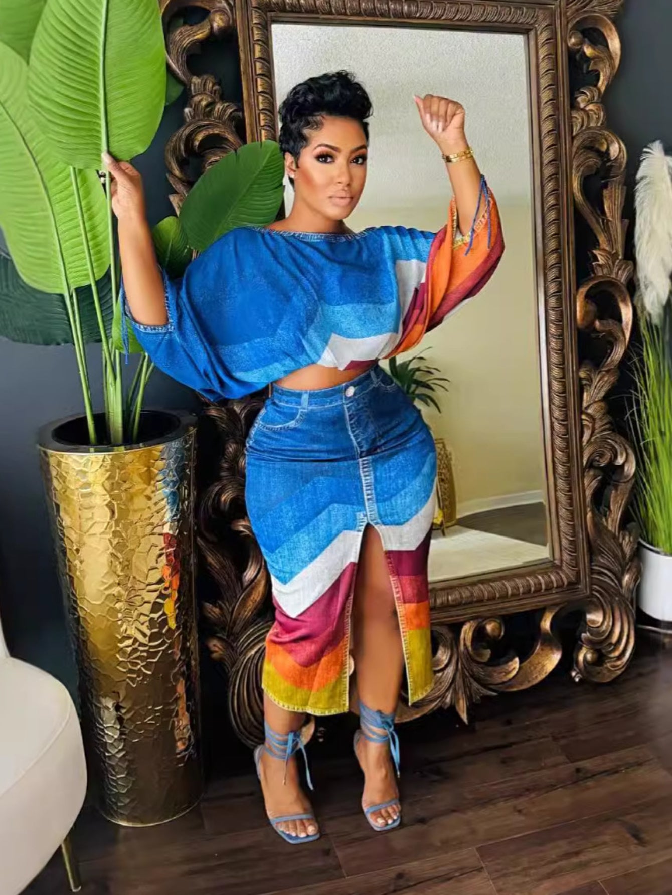 Denim Print Off Shoulder Top And Skirt Set Polyester