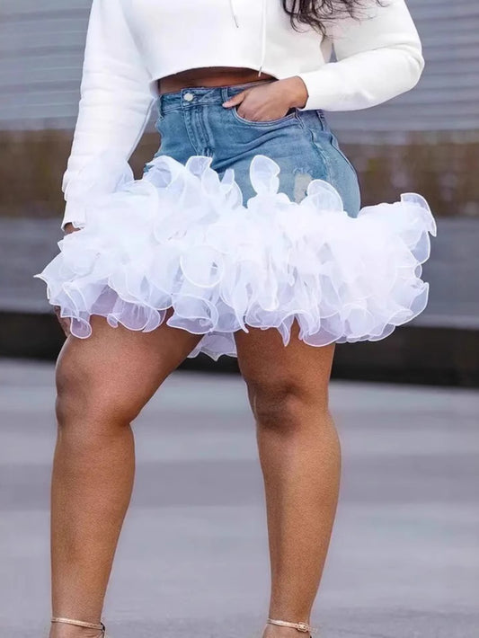 Denim And Tulle Wrap Skirt For Women Machine Washable