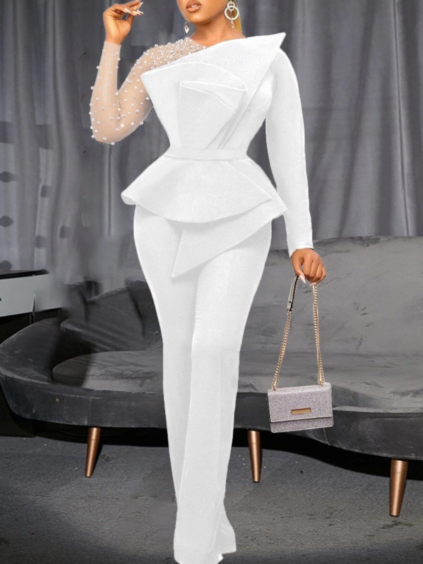 Elegant One Shoulder Jumpsuit Pearl Embellished Eveningwear